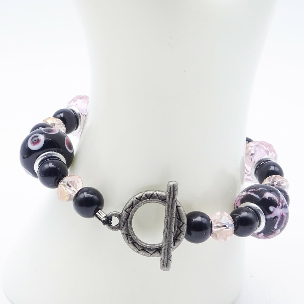 Pink Black Bead Slide Bracelet Silver tone Estate Costume 7.75"
