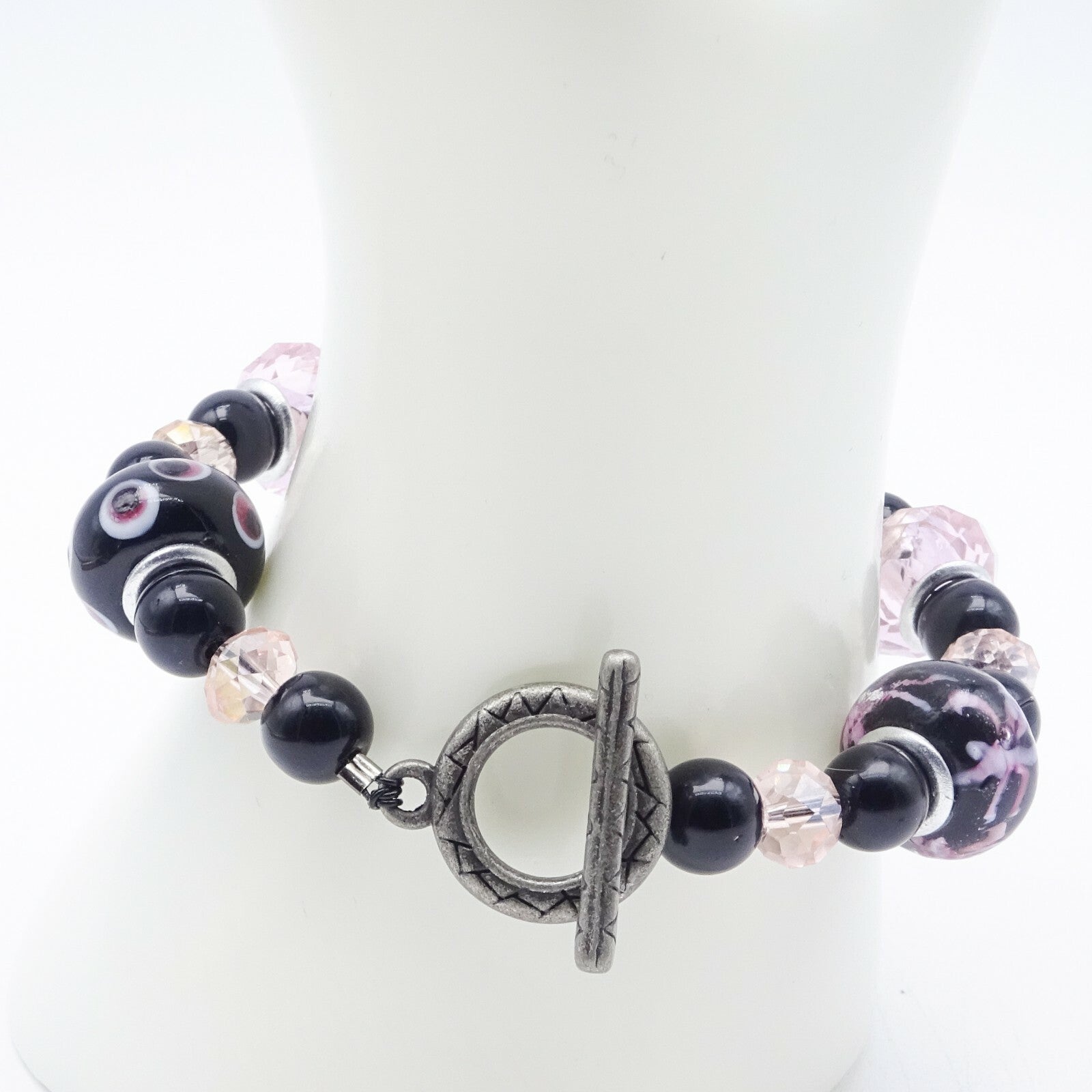 Pink Black Bead Slide Bracelet Silver tone Estate Costume 7.75"