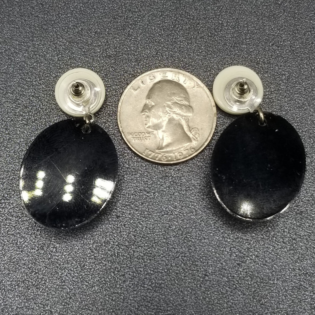 Pierced Earrings Black White Acrylic Oval Button Crystal Statement Dangle 1 5/8"