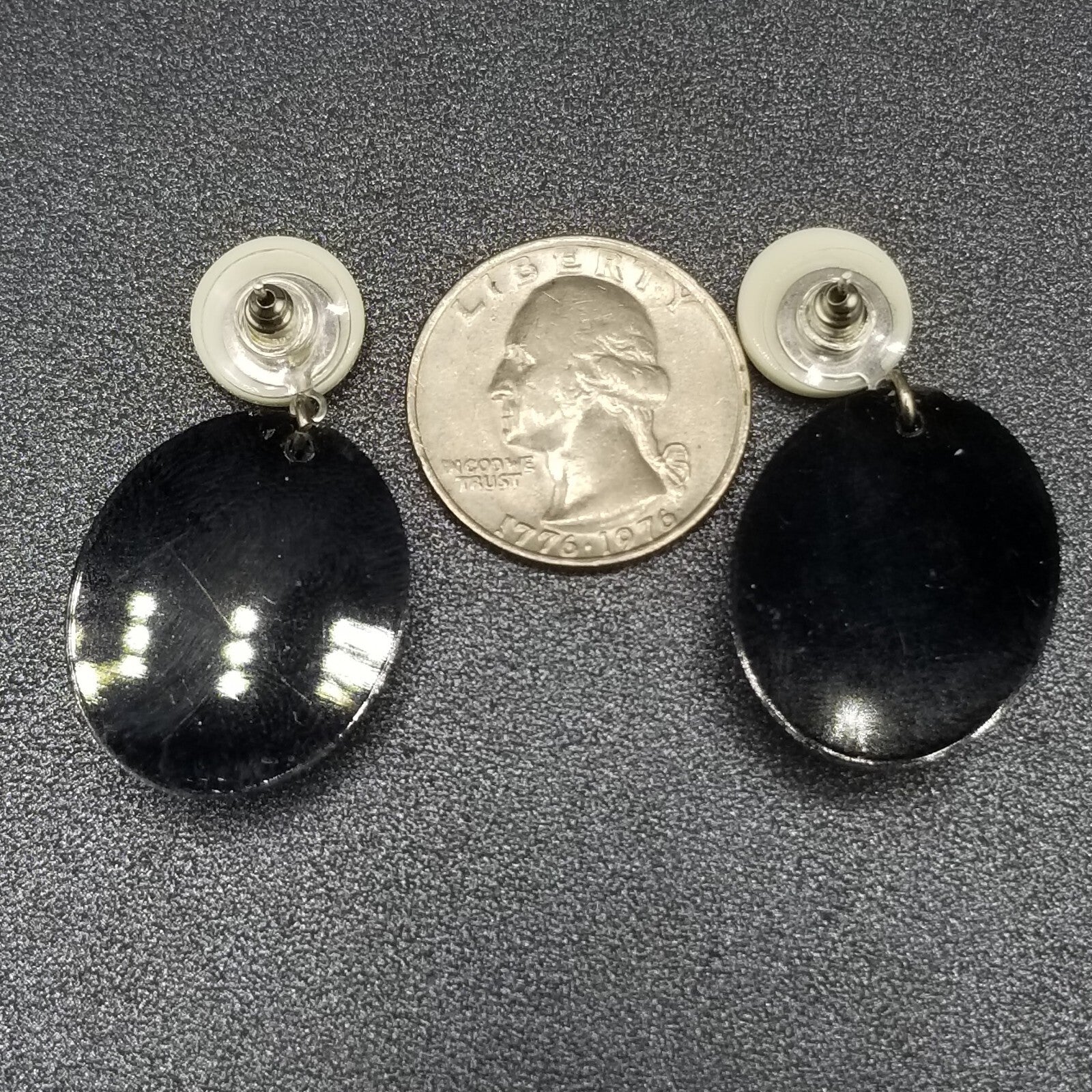 Pierced Earrings Black White Acrylic Oval Button Crystal Statement Dangle 1 5/8"