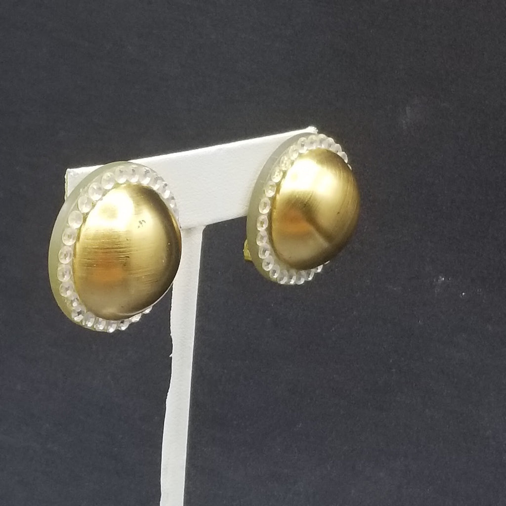 Clip on Earrings Gold tone Crystal Dome Acrylic Button Style Drop Stud 1 3/8" A