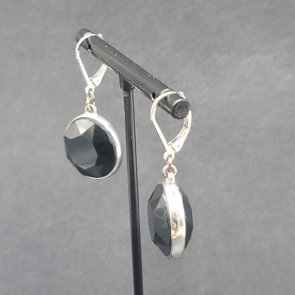 Pierced Earrings Silver tone Acrylic Black Faceted Dangle 1"