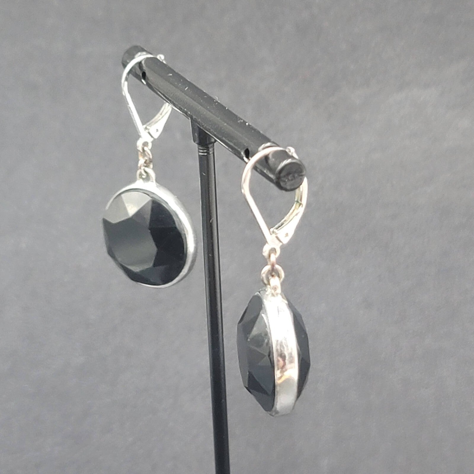 Pierced Earrings Silver tone Acrylic Black Faceted Dangle 1"