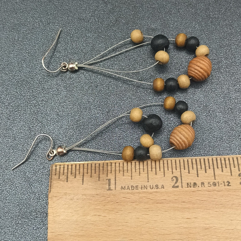 Pierced Earrings Silver tone Wood Beaded Wire Loop Dangle 2 3/8"