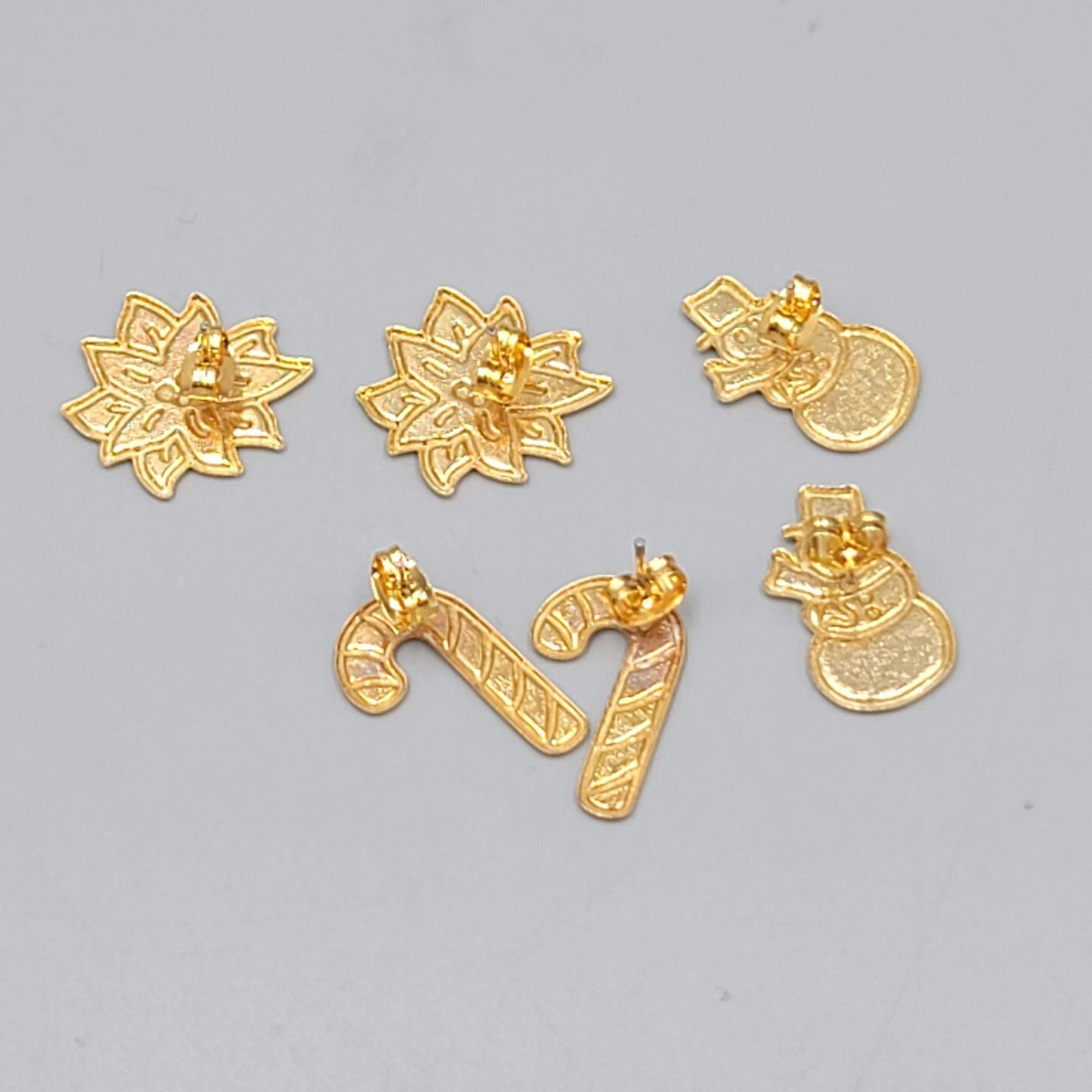 Christmas Pierced Earrings Gold tone Drop Poinsettia Snowman Candy cane Lot of 3