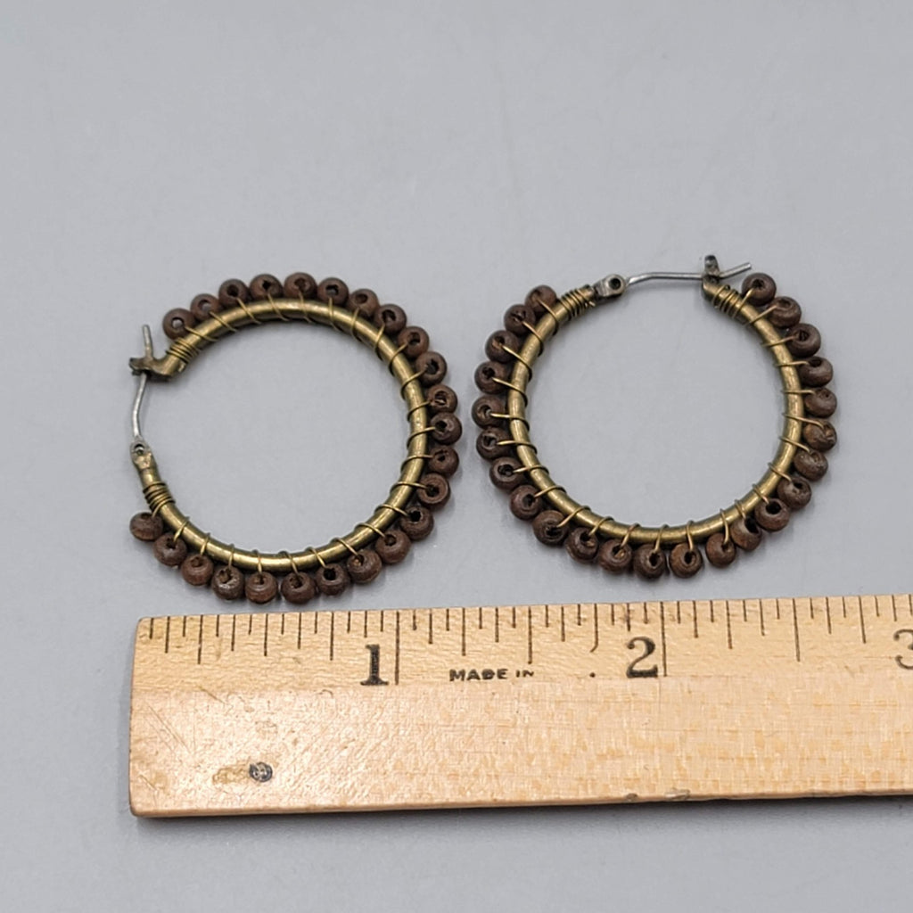 Wood Bead Hoops Pierced Earrings Bronze tone 1 3/8 in