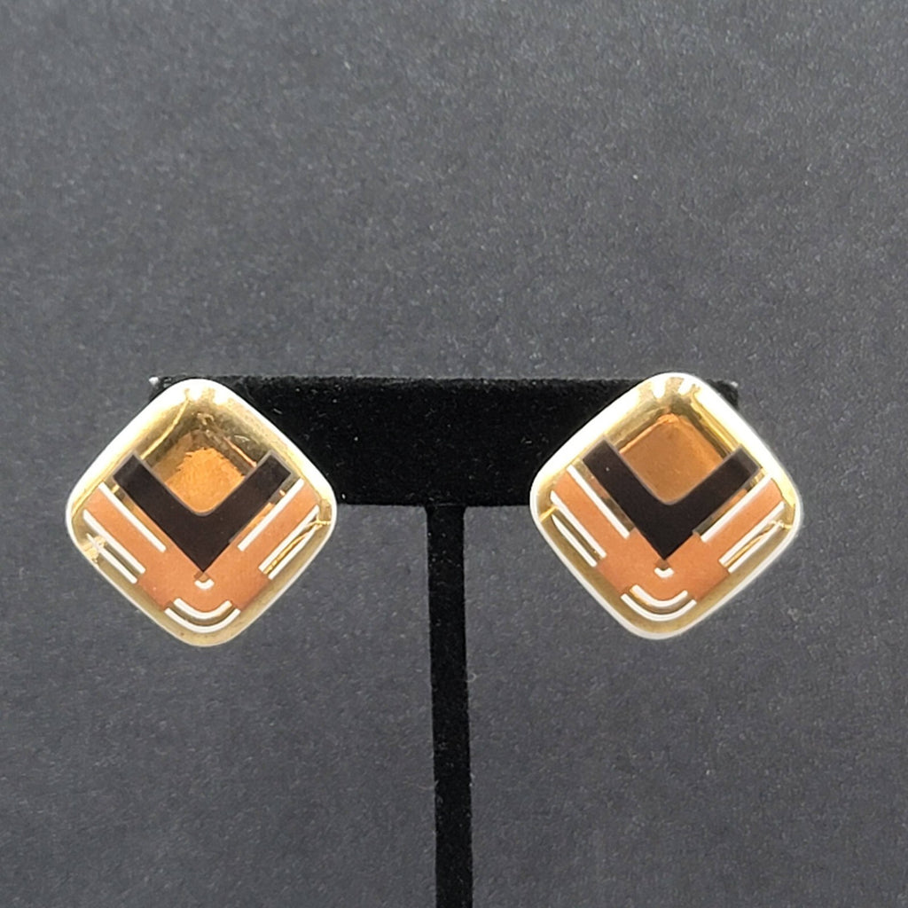 Vintage Pierced Earrings Ceramic Gold Black Brown Painted Square Drop 1"