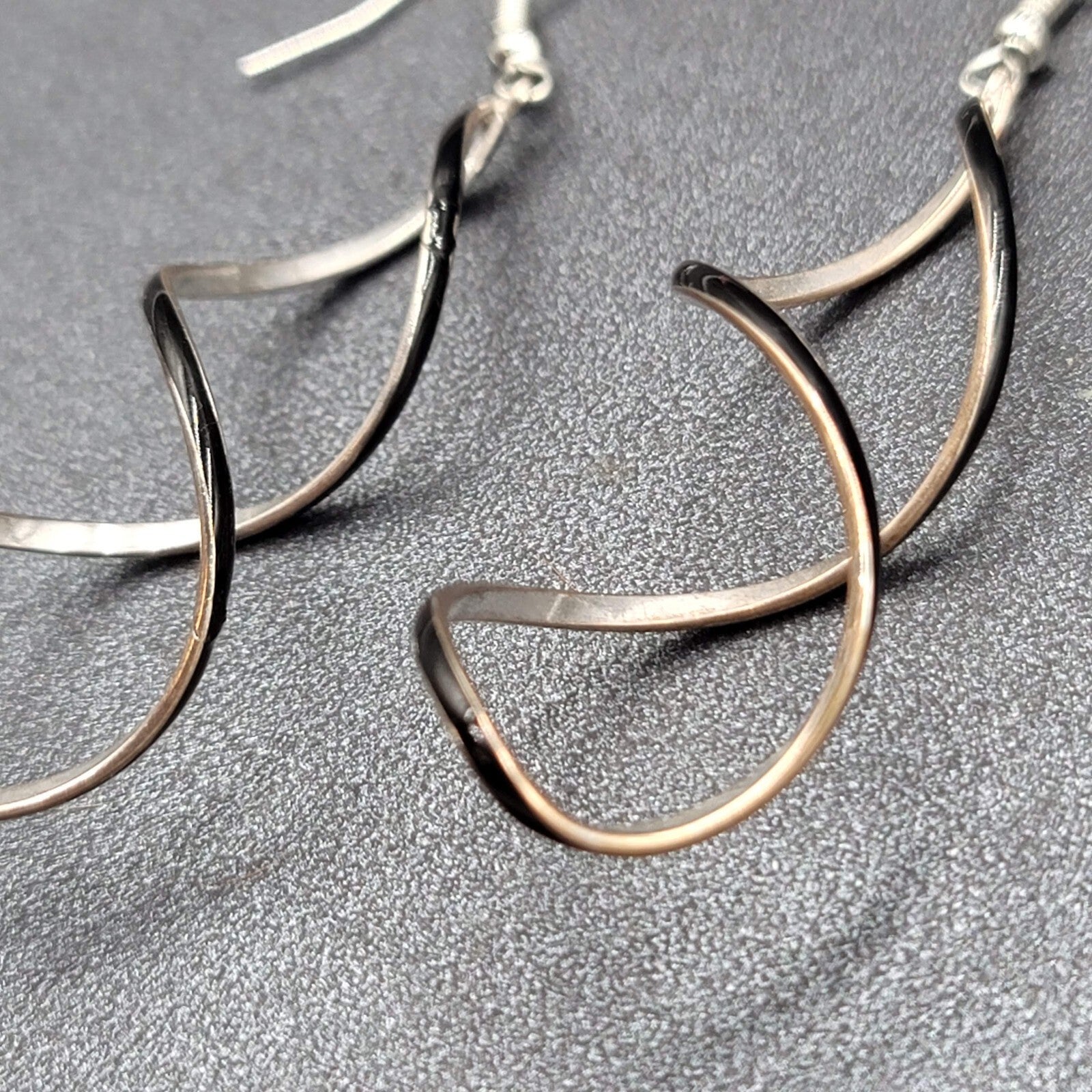 Pierced Earrings Silver tone Twist Black Enamel Long Dangle 2.25"