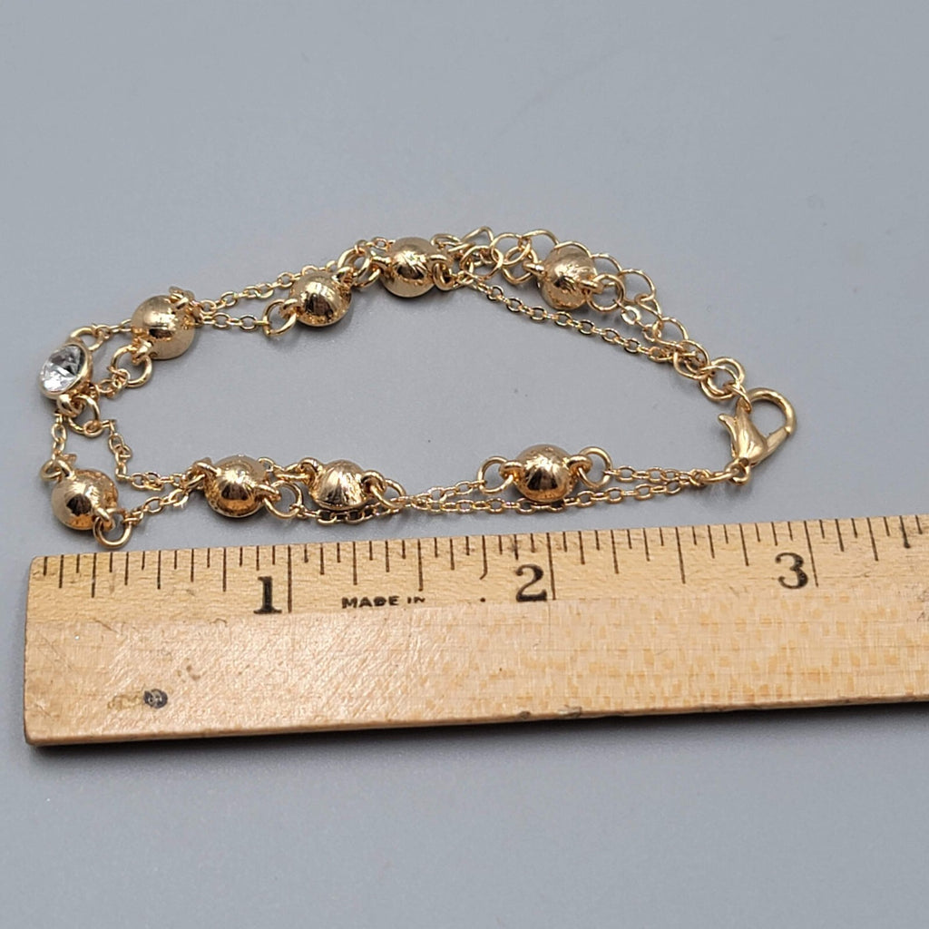 Double Chain Station Rhinestone Bracelet Gold tone 7"-8.75" Adj