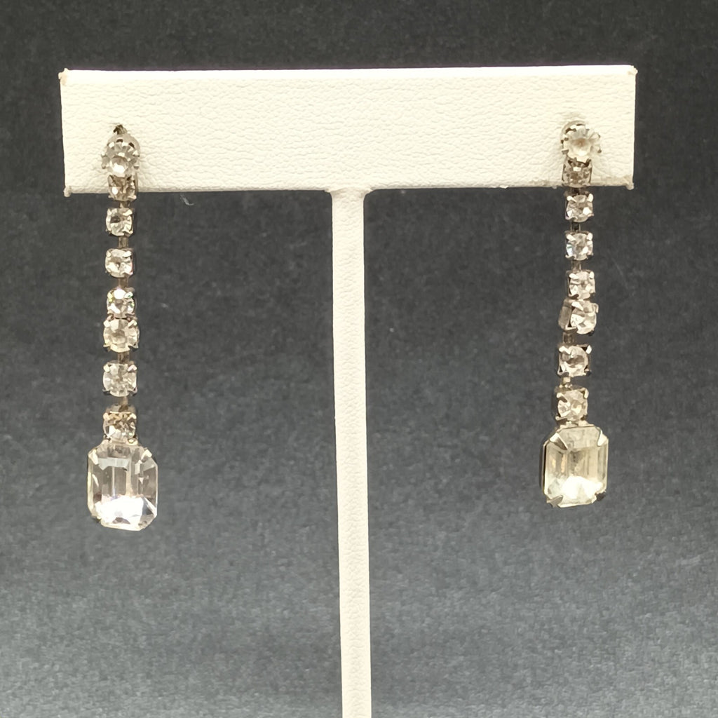 Pierced Earrings Silver tone Rhinestone Retro Dangle 1 3/4"