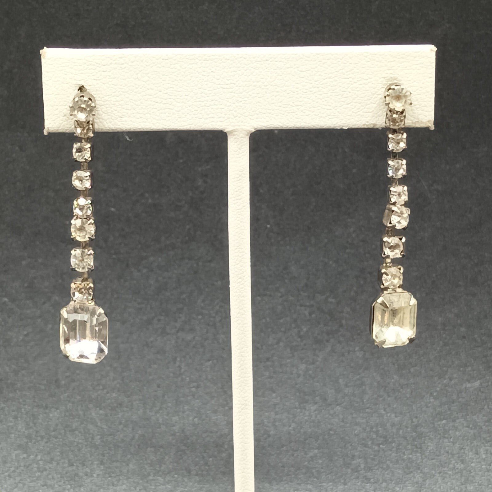 Pierced Earrings Silver tone Rhinestone Retro Dangle 1 3/4"