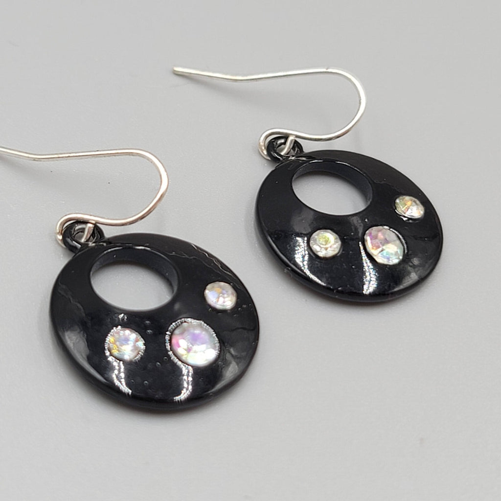 Pierced Earrings Black Enamel AB Rhinestone Silver tone Dangle 7/8"