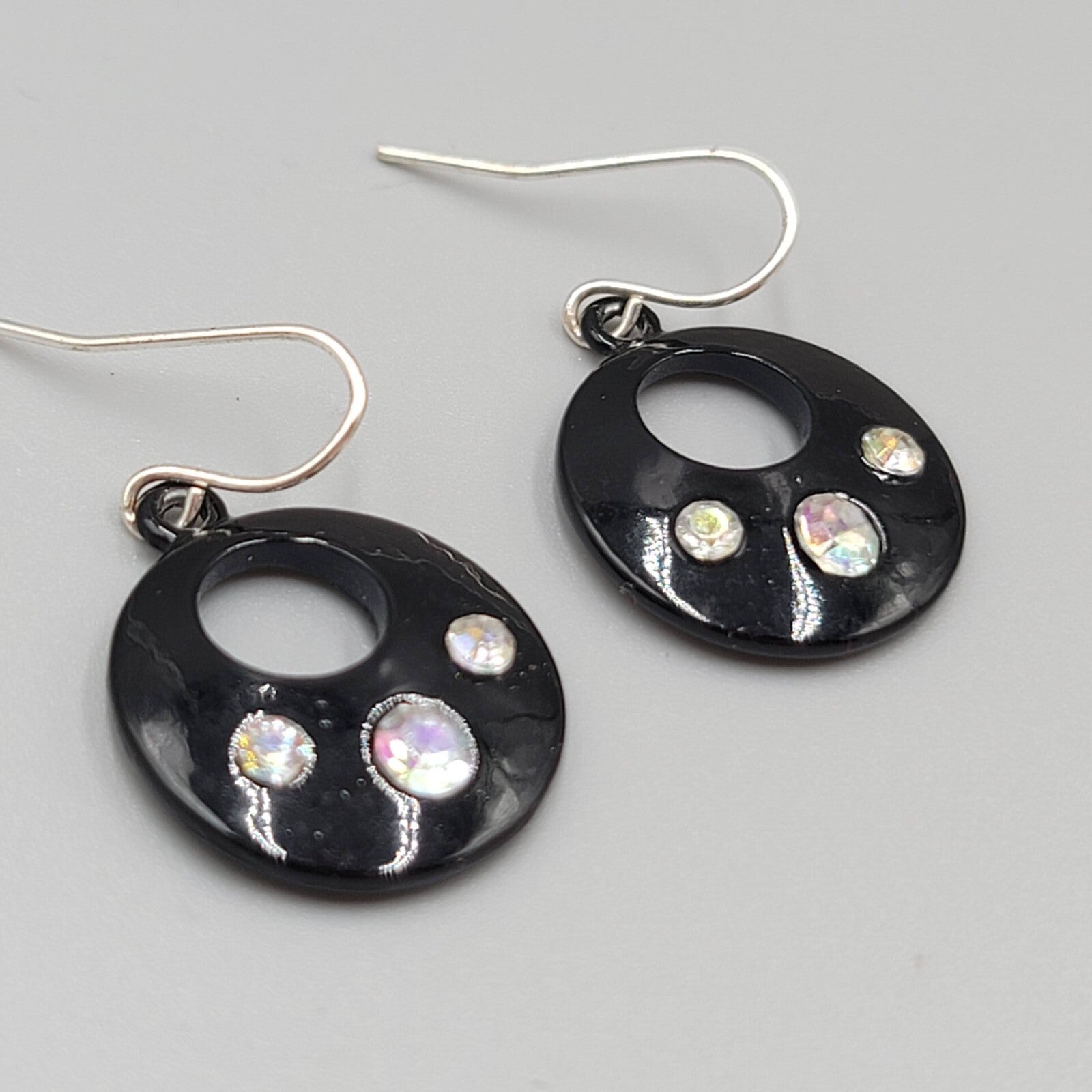 Pierced Earrings Black Enamel AB Rhinestone Silver tone Dangle 7/8"