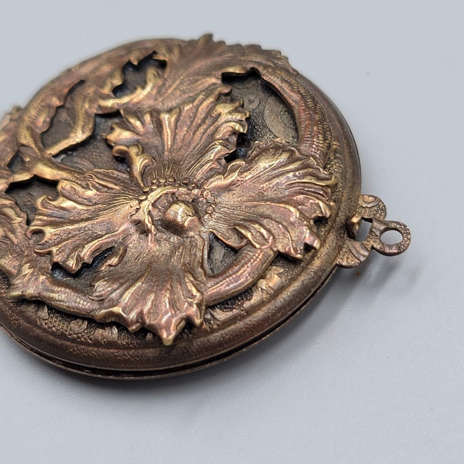 Antique Engraved Flower Double Photo Locket Pendant Bronze tone 1 5/8"