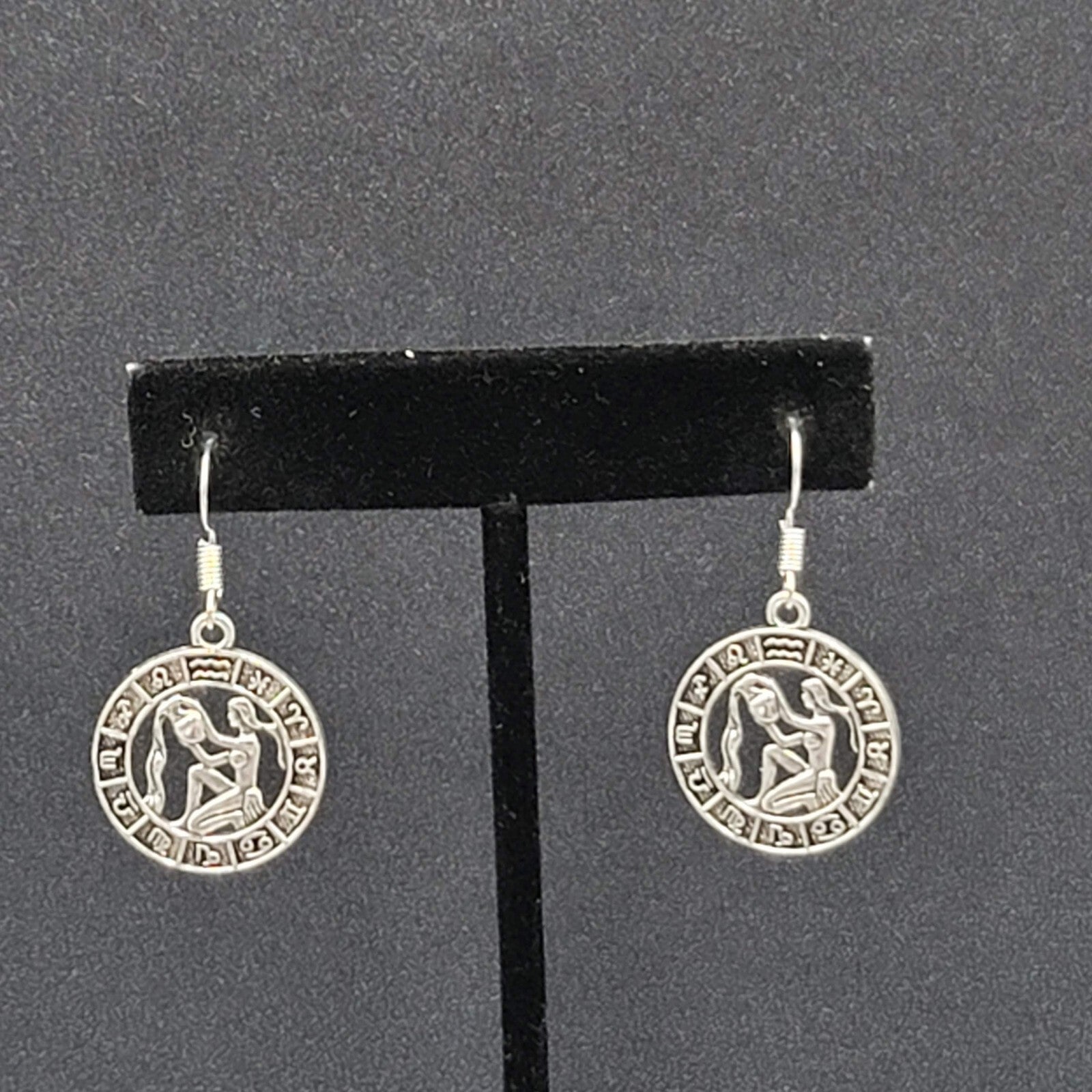 Zodiac Pierced Earrings Silver tone Dangle 7/8"
