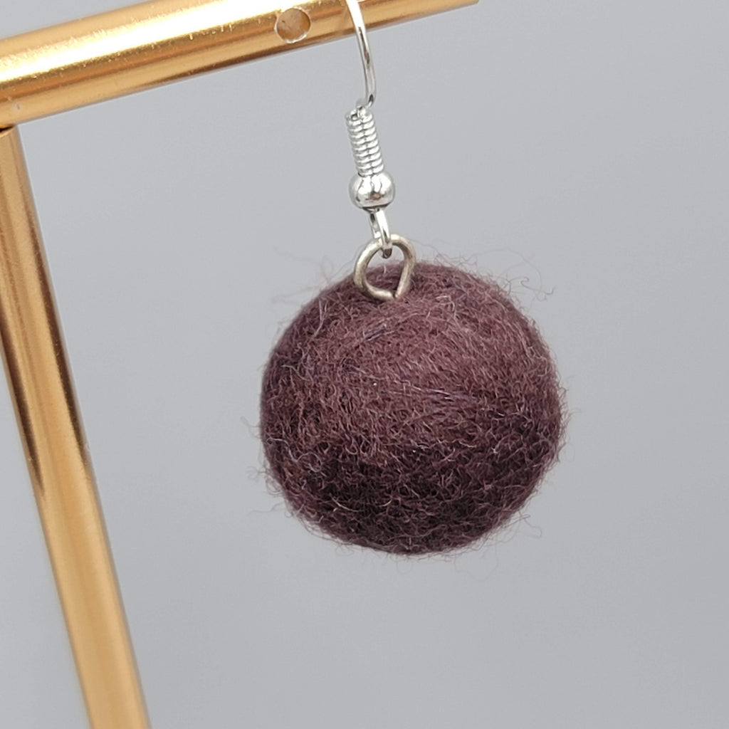 Brown Real Wool Ball Pierced Earrings Silver tone Dangle 3/4"