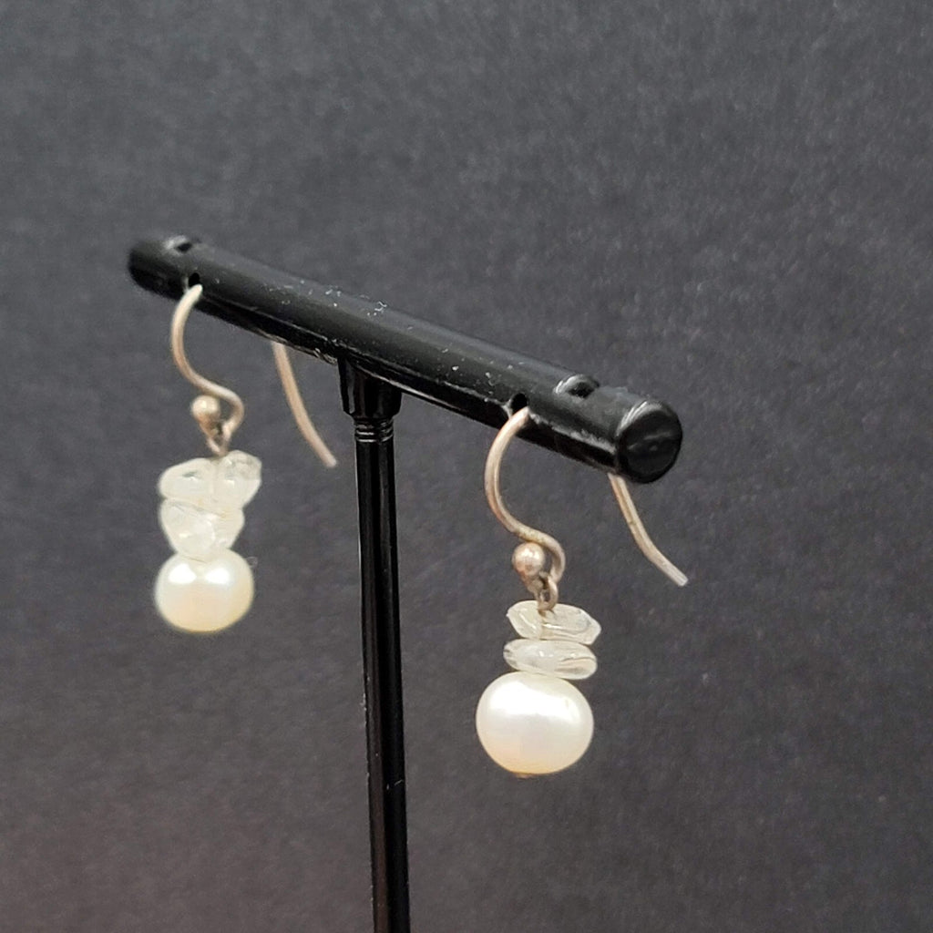 Sterling Silver Pierced Earrings Freshwater Pearl Quartz Bead Dangle 5/8"
