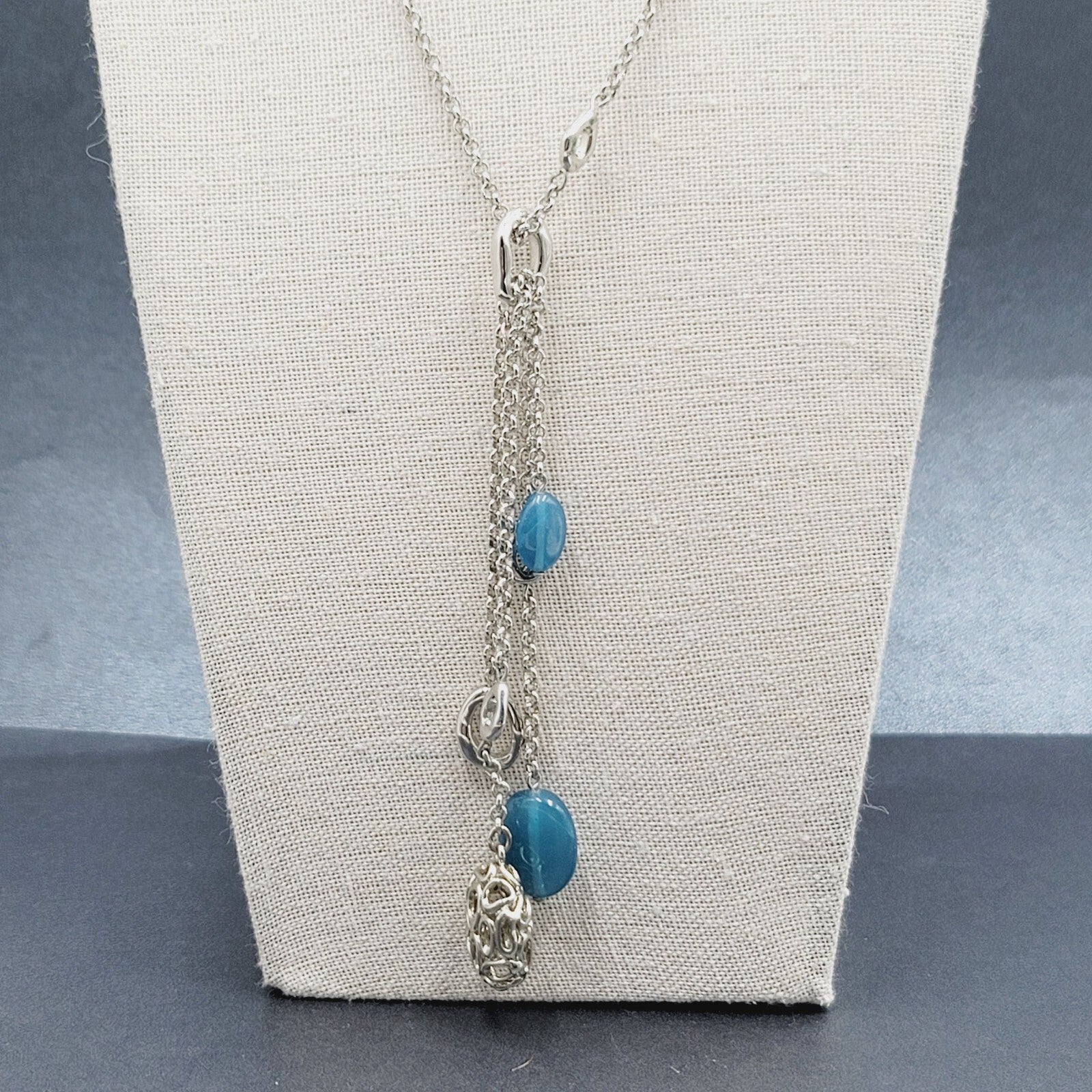 Y Necklace Hematite Silver tone Blue Bead Accent Multi Chain 18" + 5"