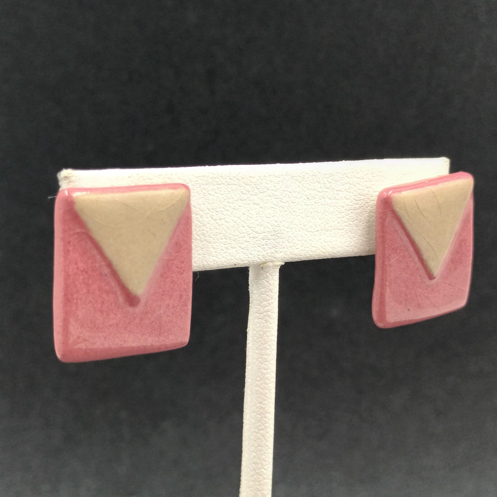 Vintage Pierced Earrings Pink Brown Geometric Ceramic Tile Rectangle Drop 7/8"