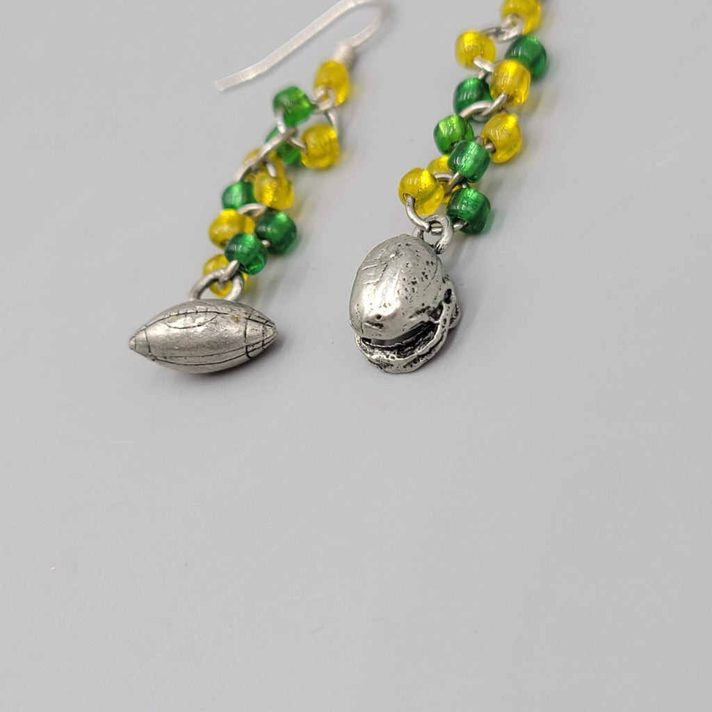 Football Charm Pierced Earrings Green Yellow Bead Dangle 1.5"