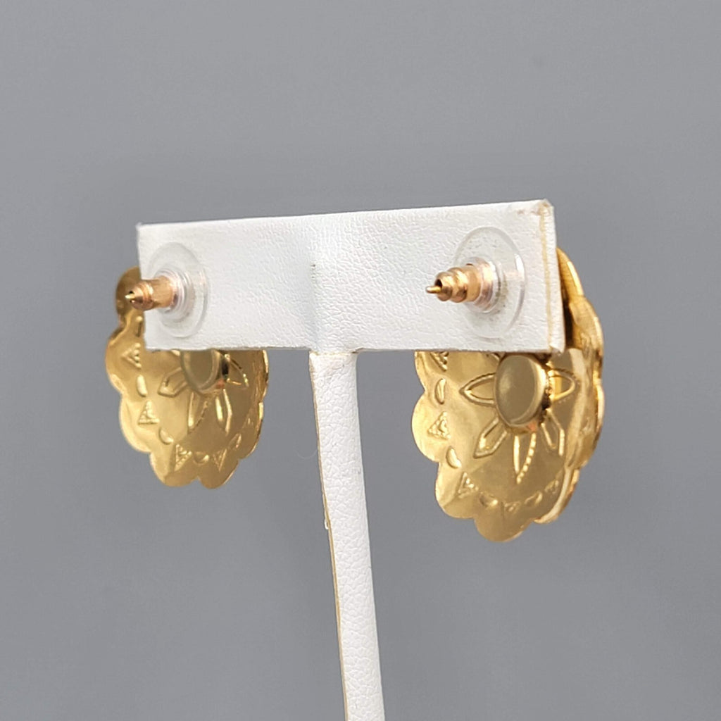 Vintage Southwest Concho Pierced Earrings Gold tone Foil Center Drop 1 1/8"