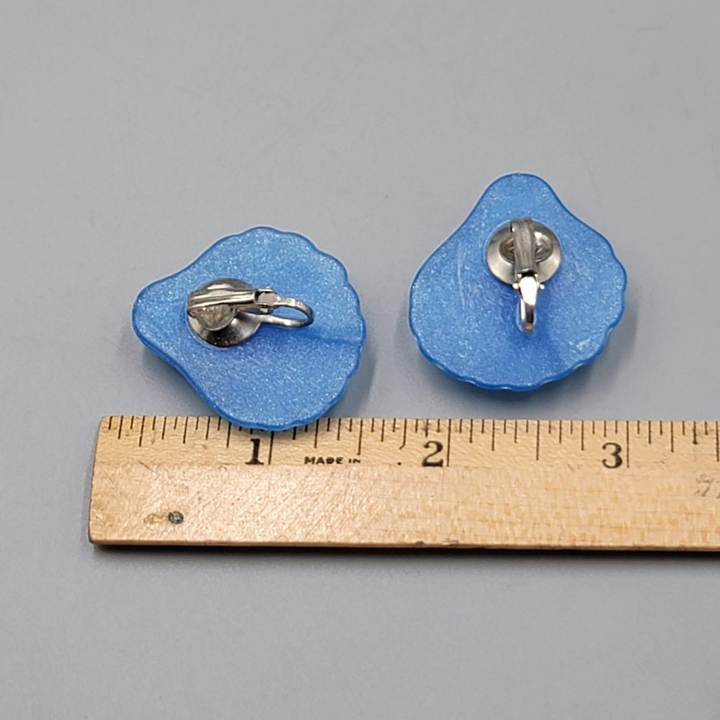 Vintage Blue Shell Clip on Earrings Acrylic Drop Statement Nautical 1 3/8"