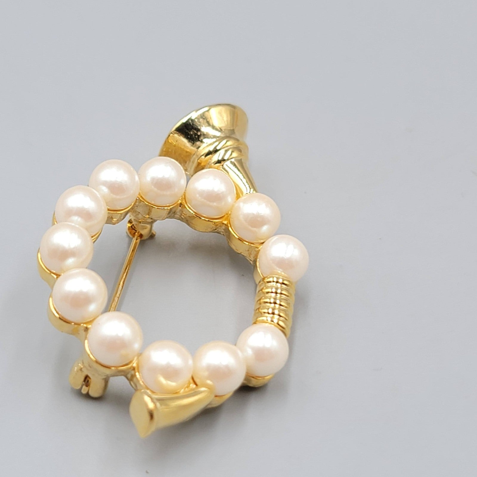 Vintage Horn Gold Plated Faux Pearl Christmas Holiday Year Round 2"