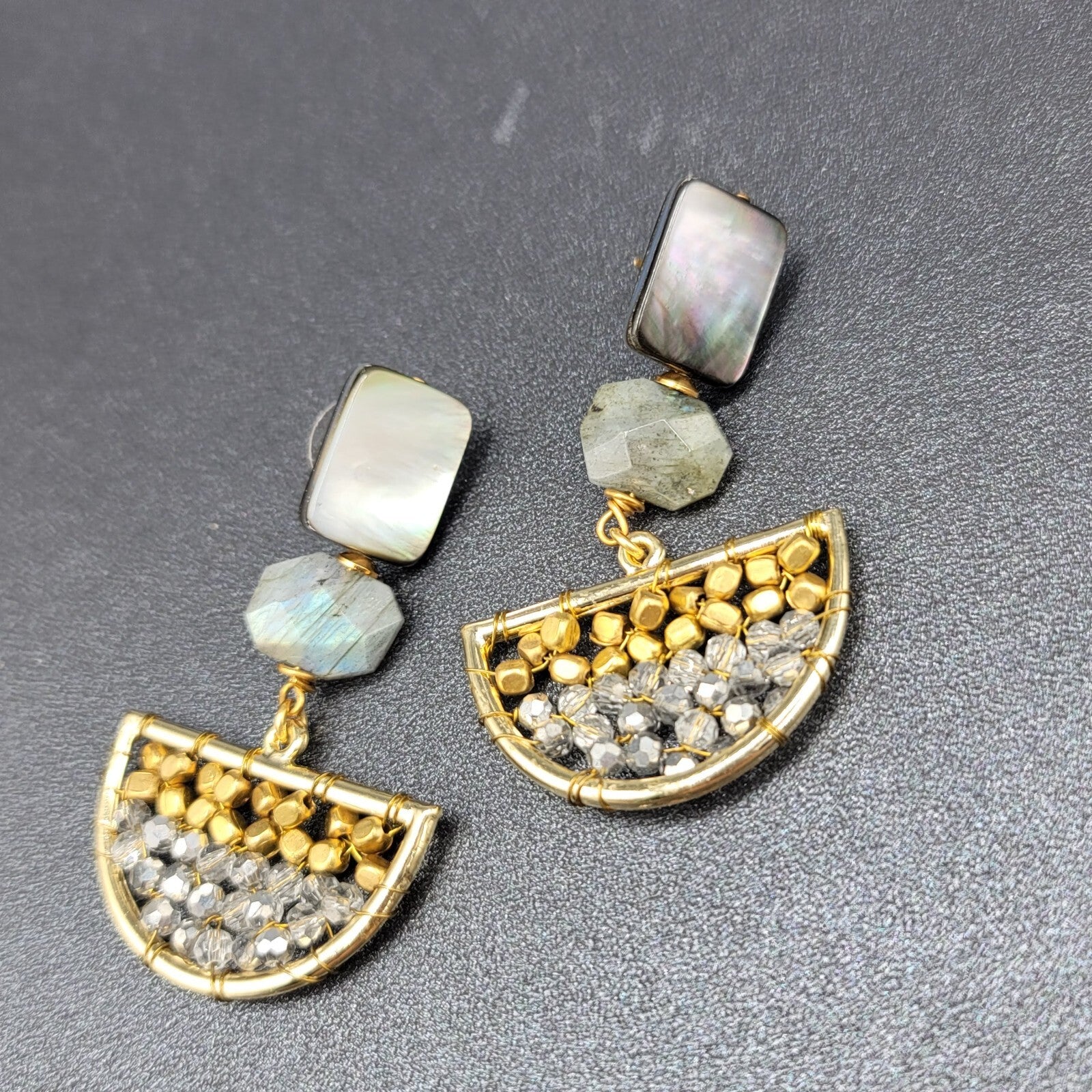 Pierced Earrings Gold tone Abalone and Stone Beaded Boho Dangle 2 1/4"