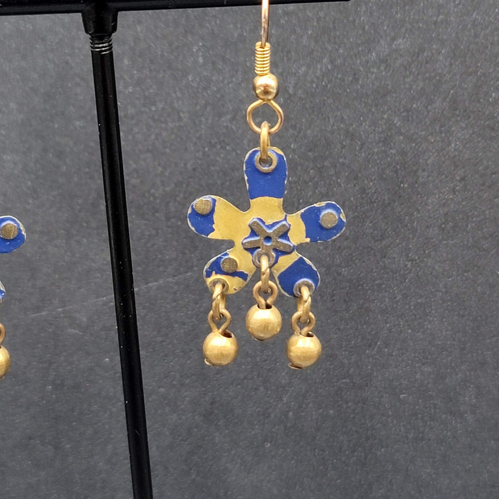 Pierced Earrings Brass Flower Blue Enamel Dangle 1.25"