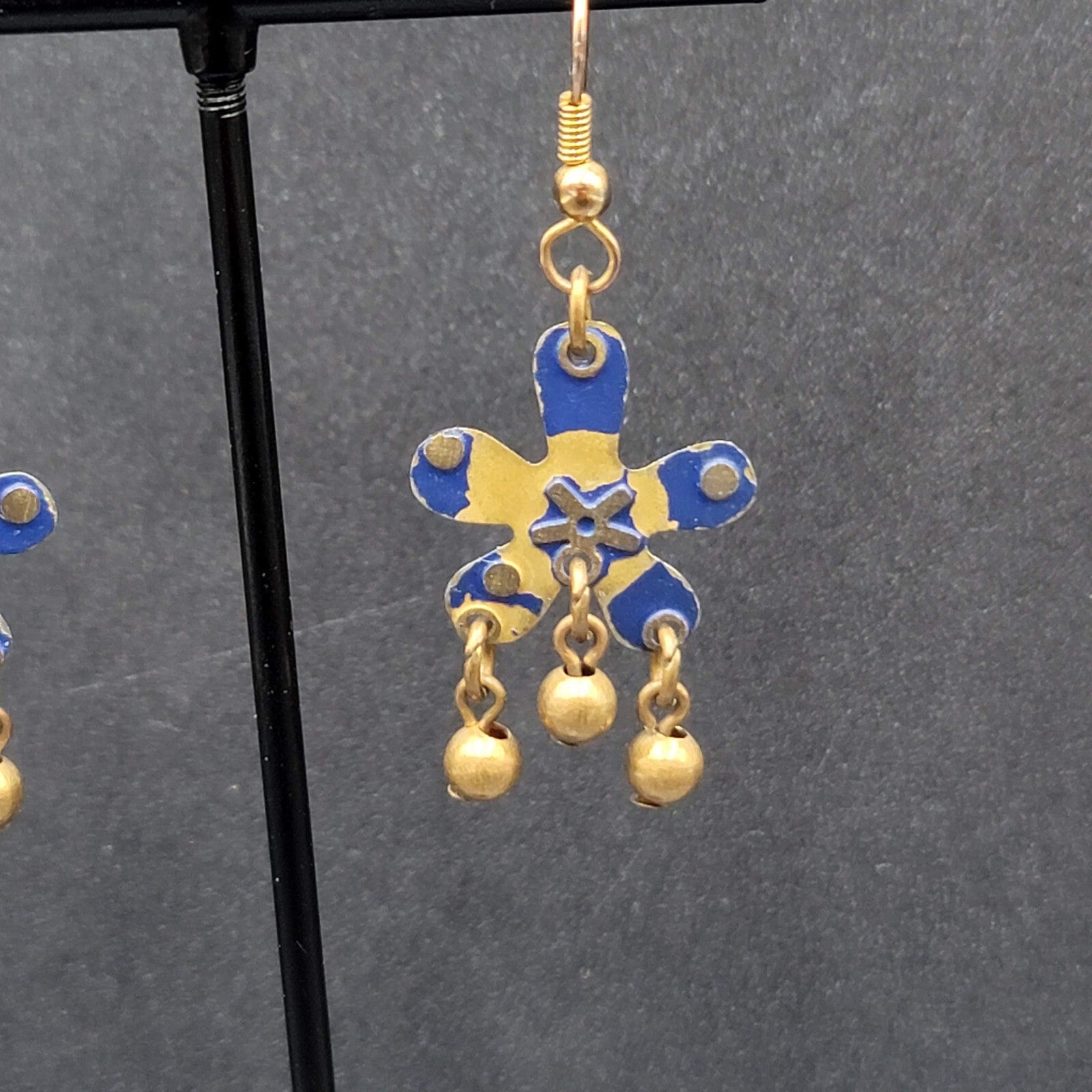 Pierced Earrings Brass Flower Blue Enamel Dangle 1.25"