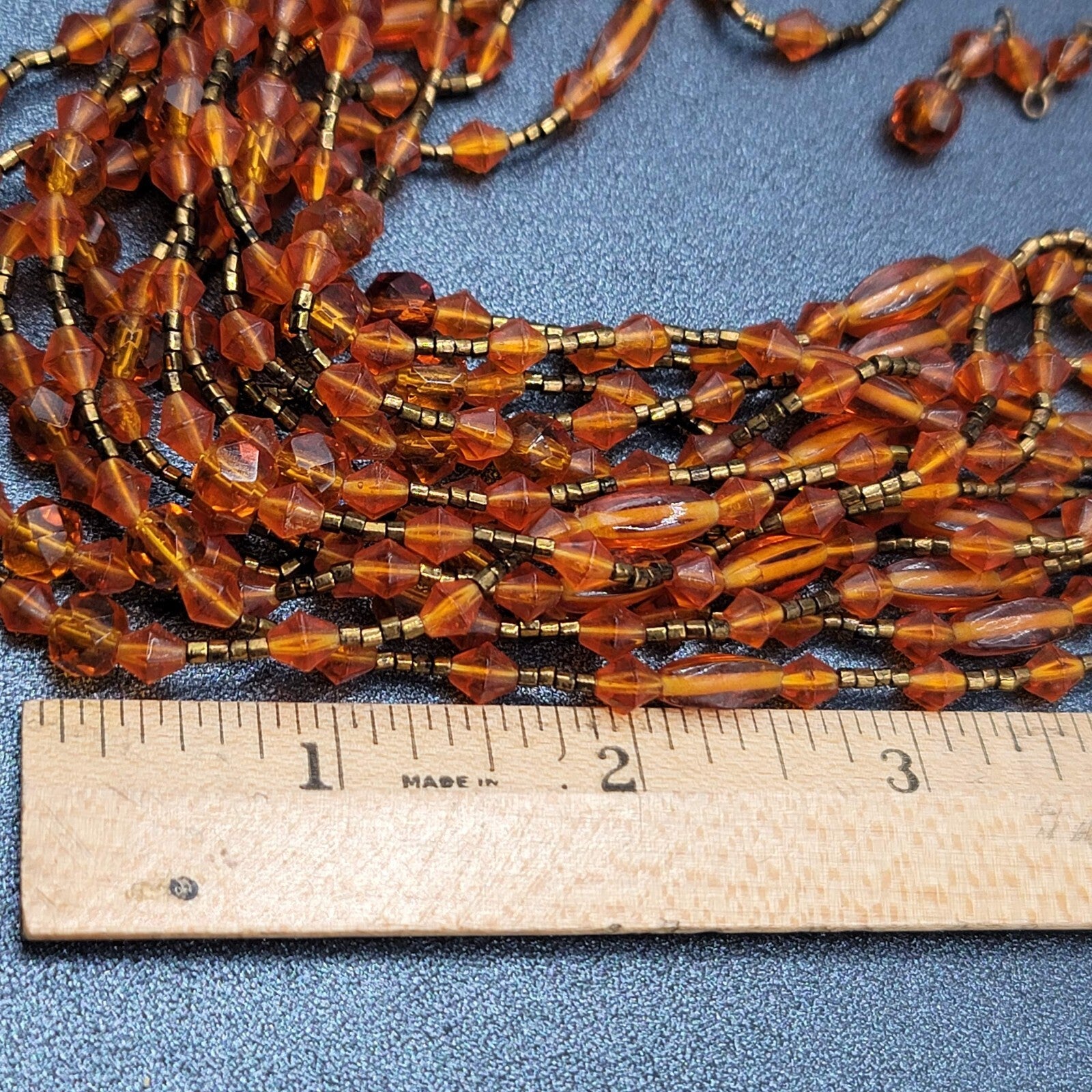 Vtg Japan Orange Glass Beaded Gold Tone Filigree 13 Strand Necklace 13.5"-16"