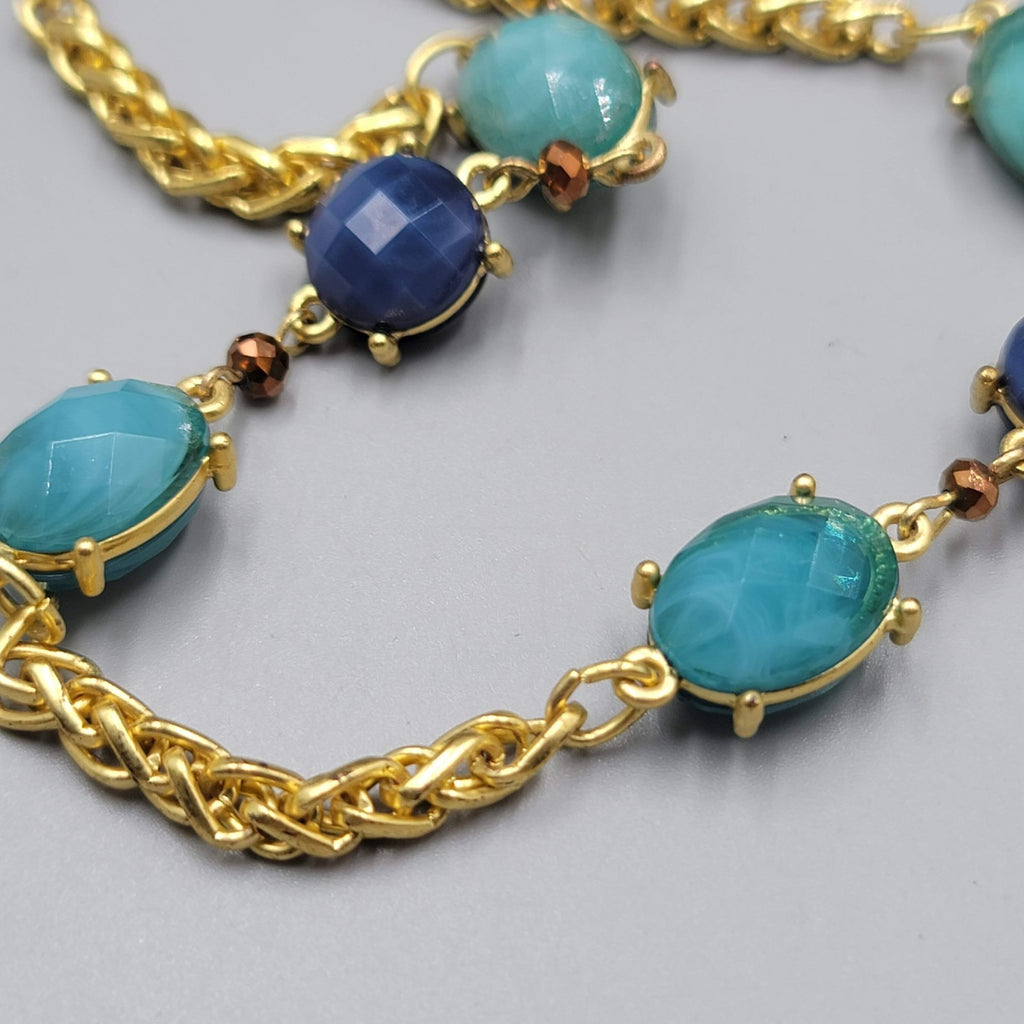 Necklace Bright Gold tone Blue Bead Long 36"