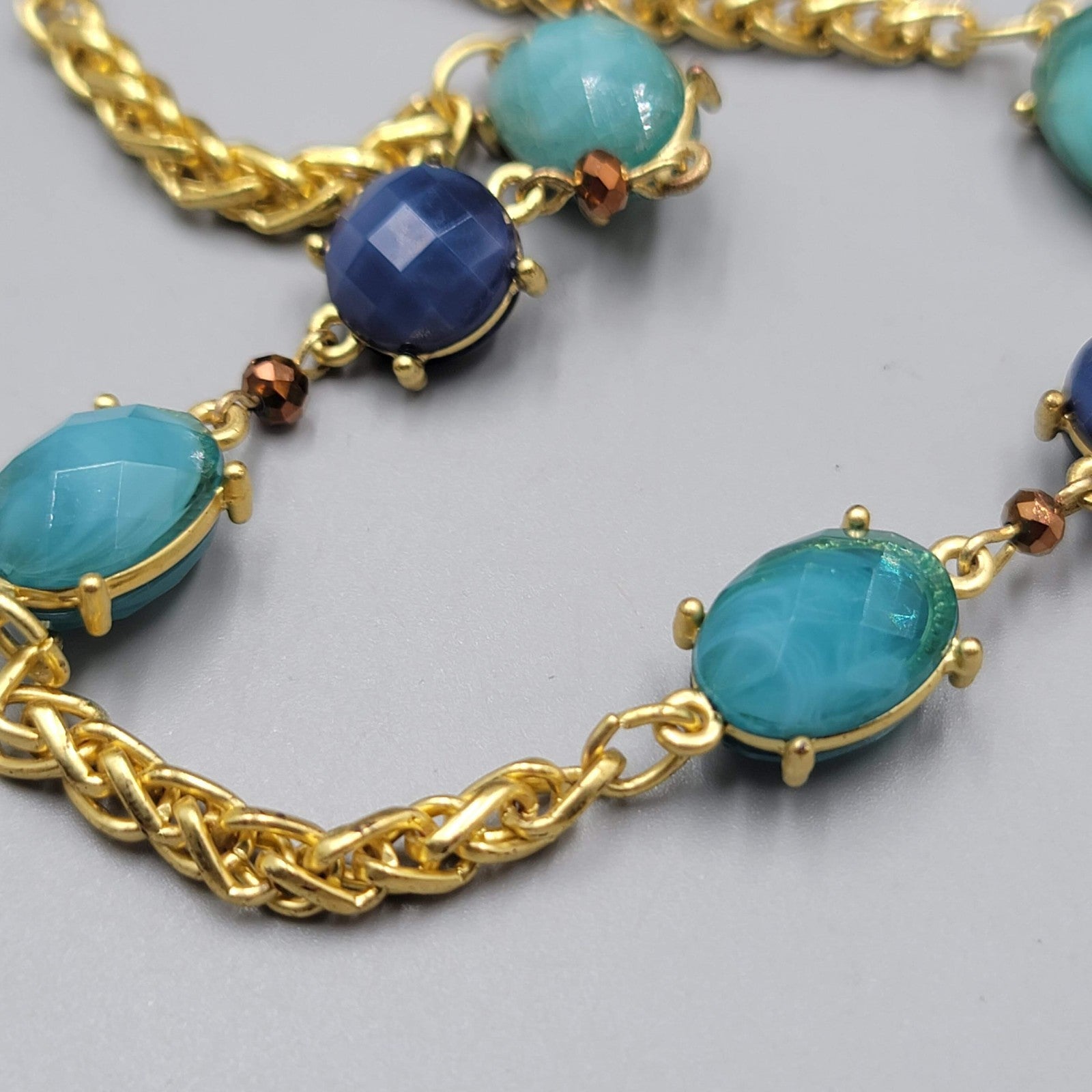 Necklace Bright Gold tone Blue Bead Long 36"