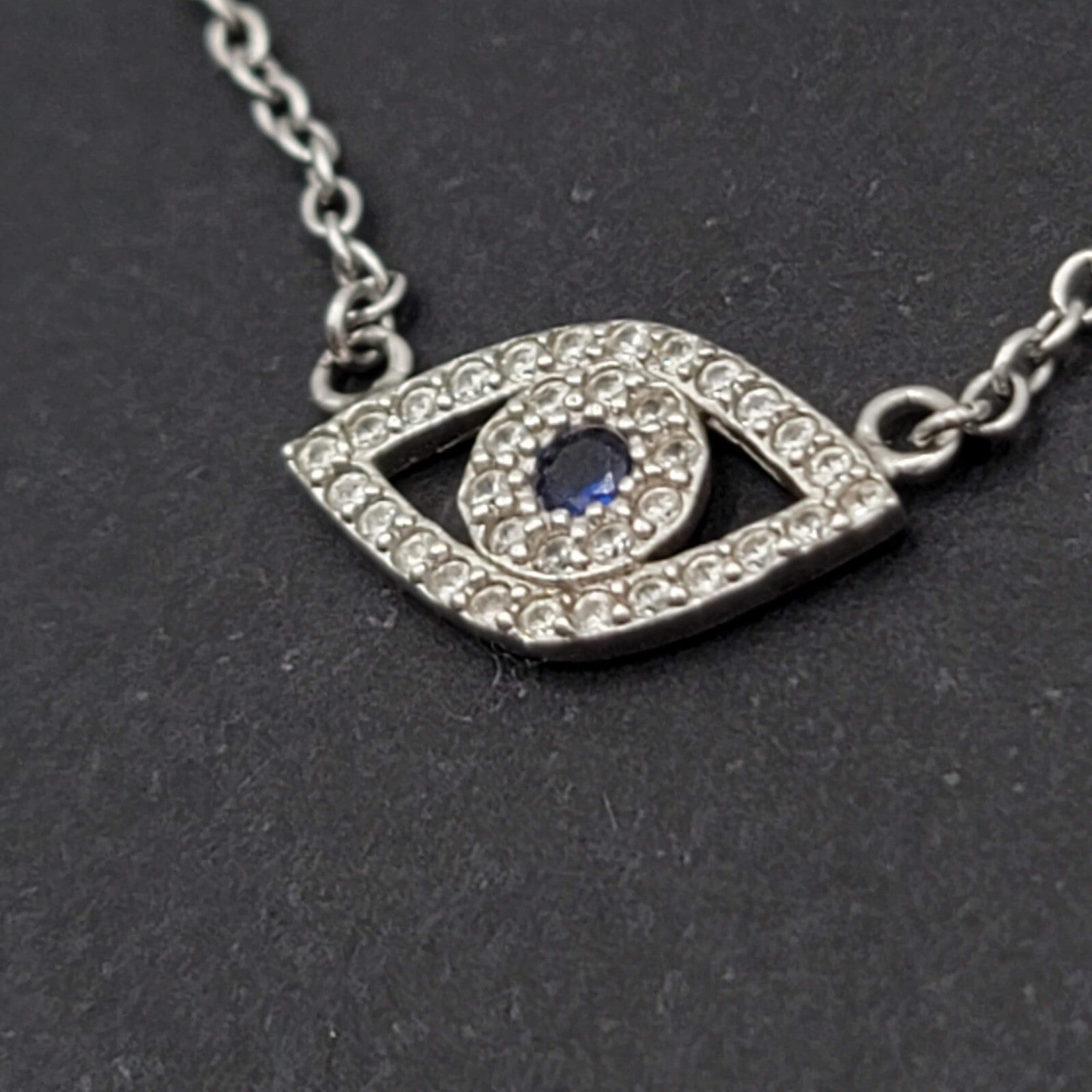 Evil Eye Sterling Silver Necklace Blue Clear Crystals 16" 17" or 18" Adj