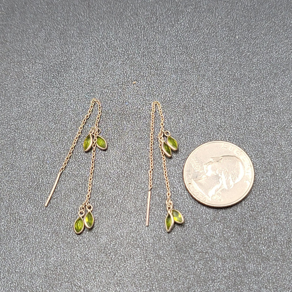 Pierced Earrings Silver tone Green Crystal Stone Threaders 4"