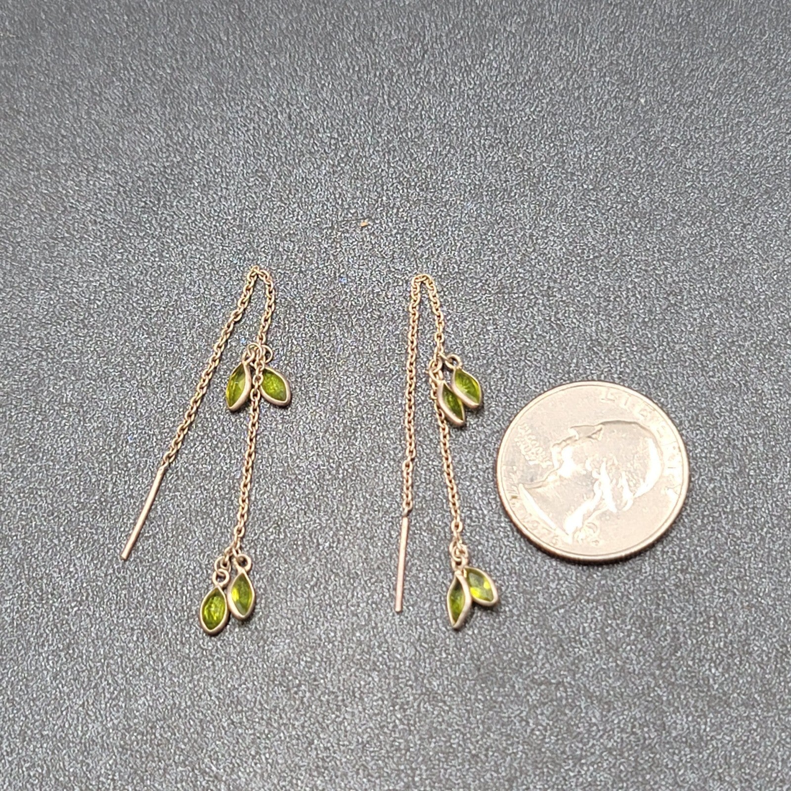 Pierced Earrings Silver tone Green Crystal Stone Threaders 4"