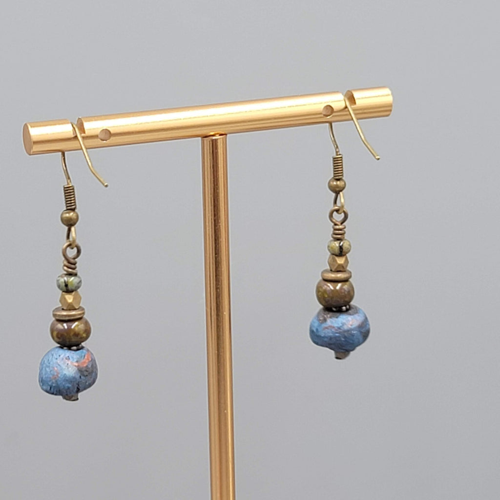 Blue and Green Beads Pierced Earrings Bronze tone Dangle 1"