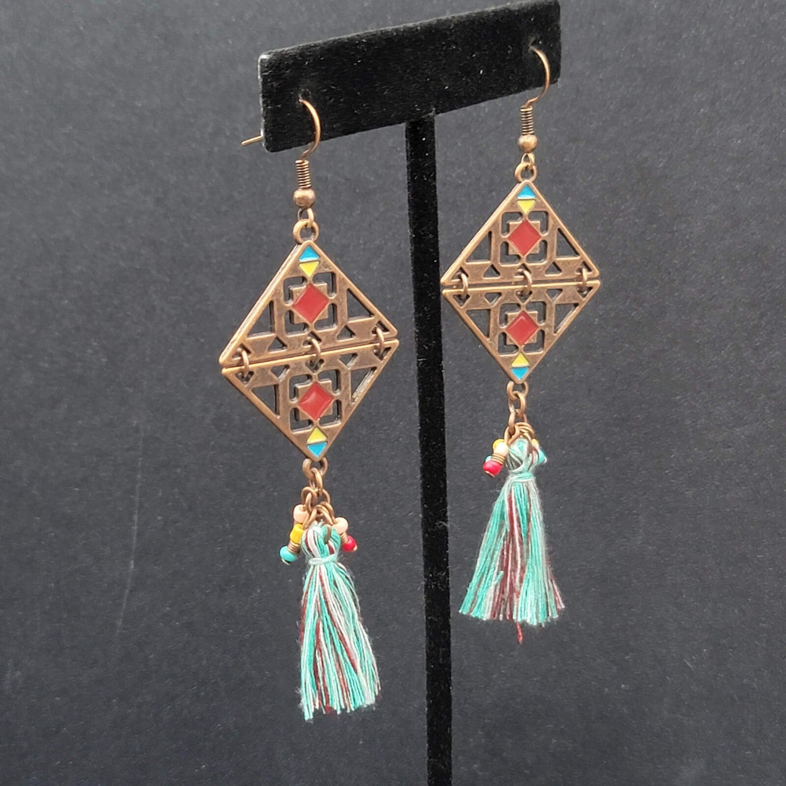 New Boho Pierced Earrings Copper tone Enamel Blue Tassel Long 3"