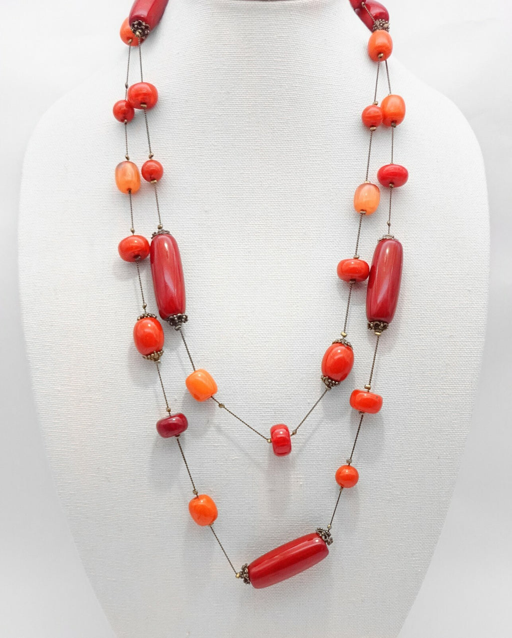 Extra Long Station Necklace Large Bead Single Strand Red Orange Acrylic 60"
