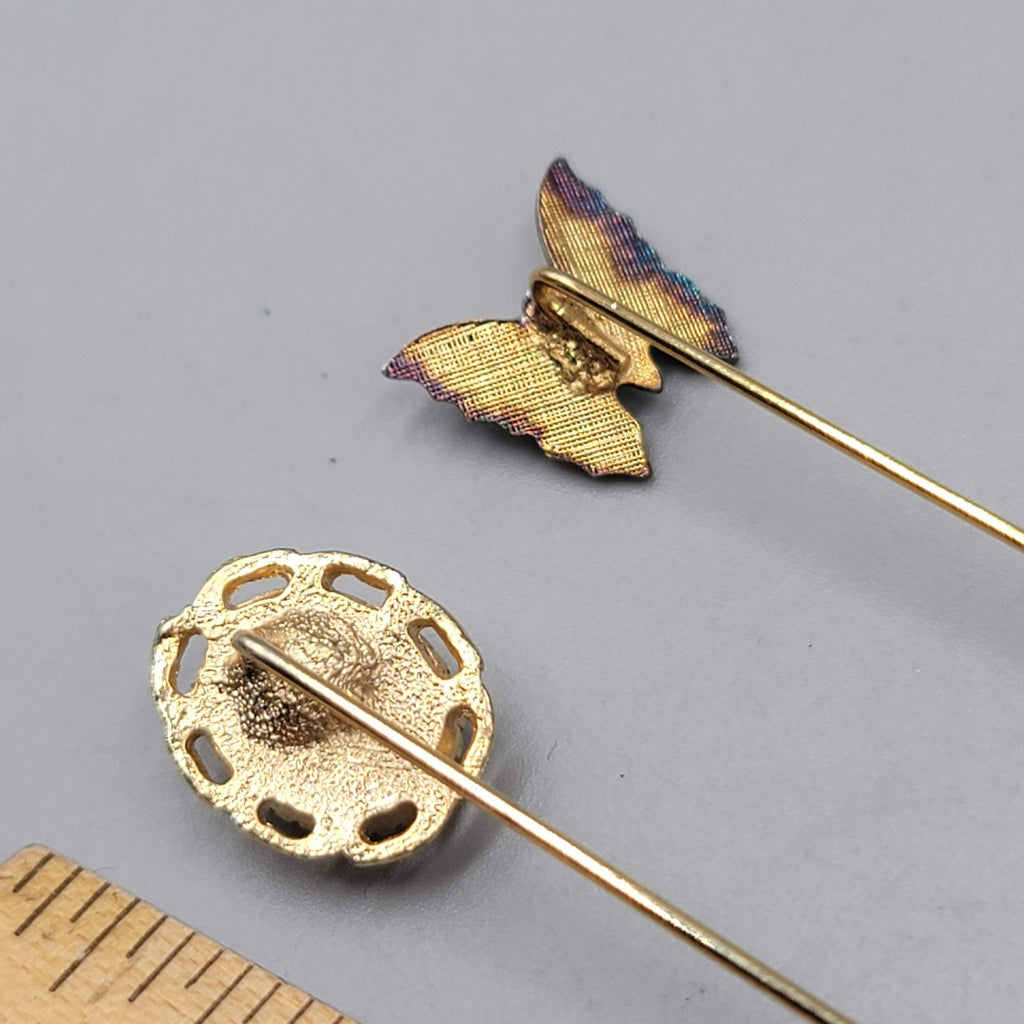 Vintage Gold Tone Stick Pins Butterfly Faux Pearl Enamel Oval Lapel Brooch Set