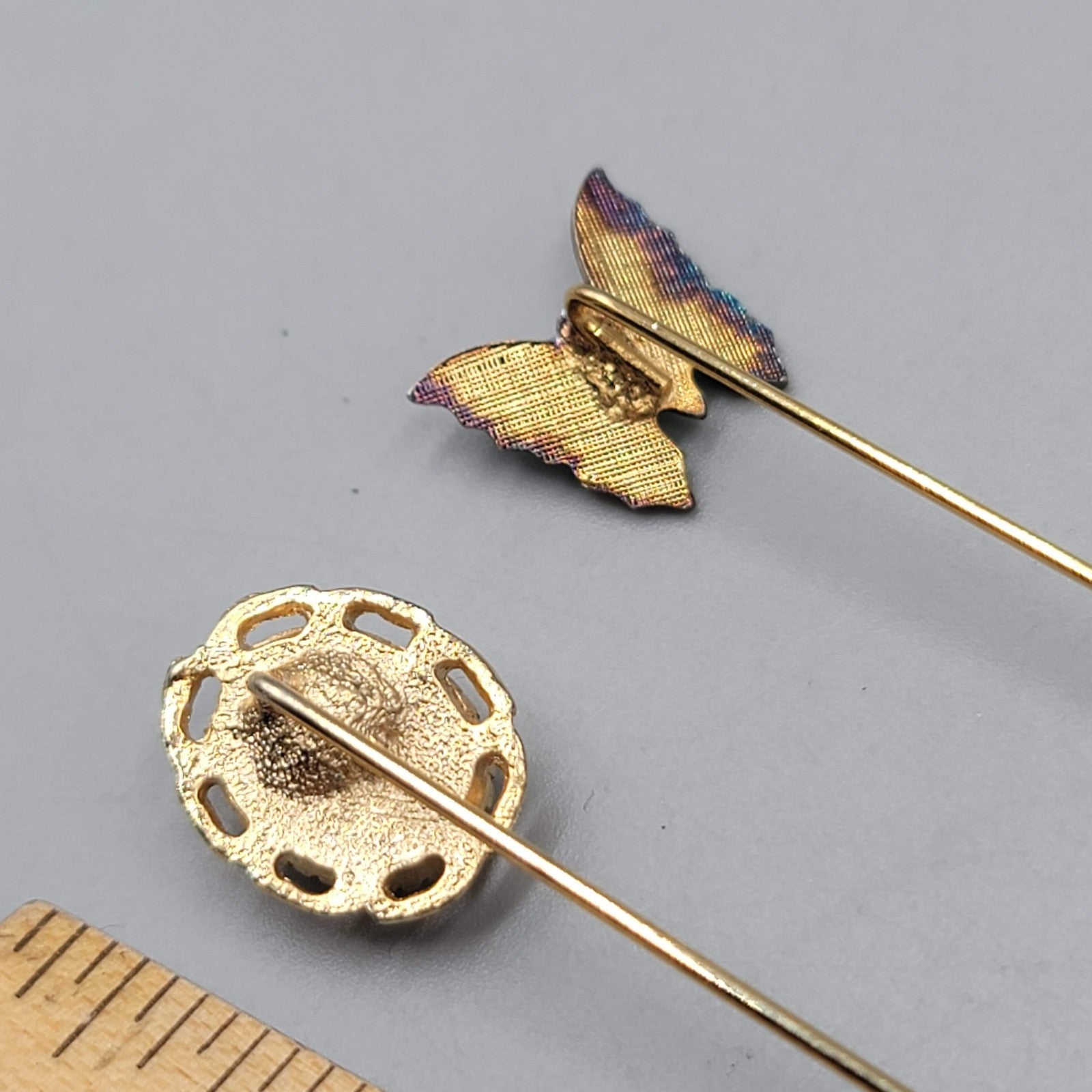 Vintage Gold Tone Stick Pins Butterfly Faux Pearl Enamel Oval Lapel Brooch Set