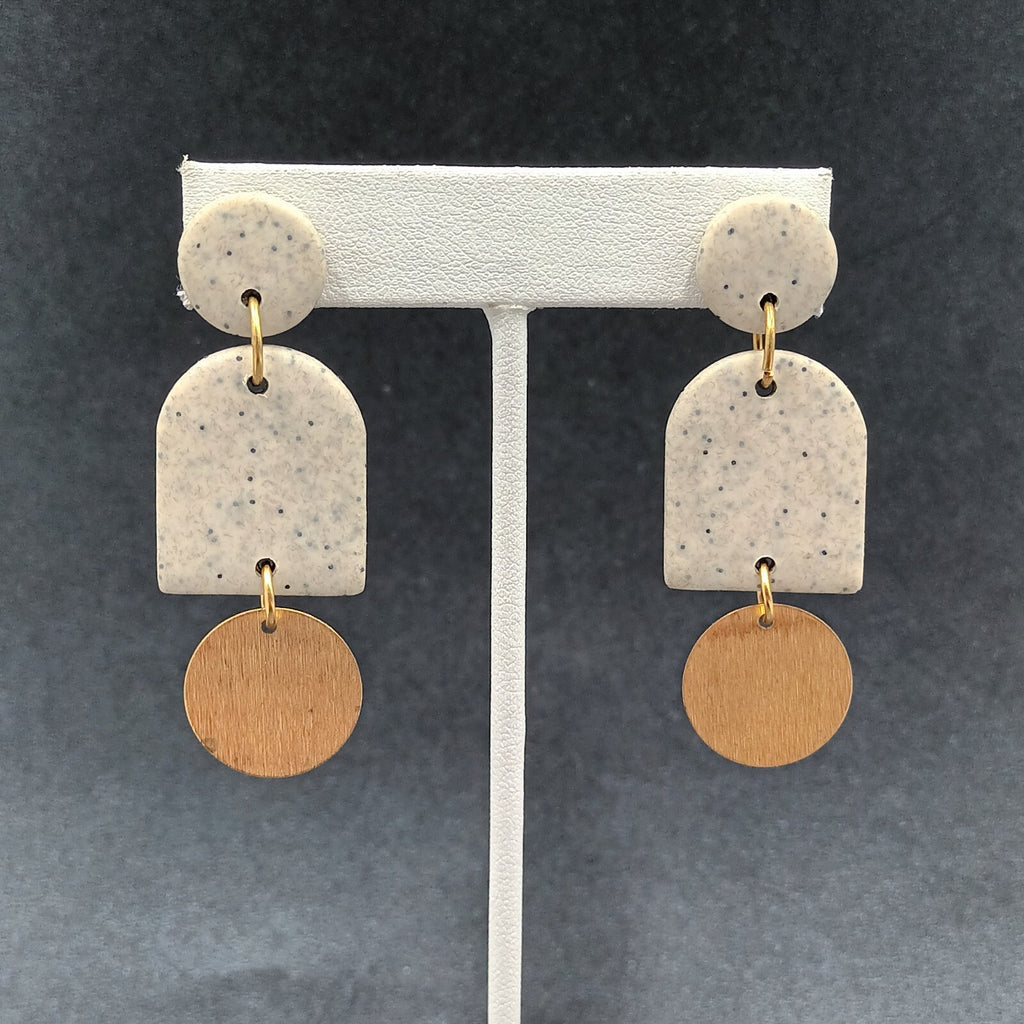 Pierced Earrings Speckled Acrylic Gold tone Geometric Statement Dangle 2 3/8"