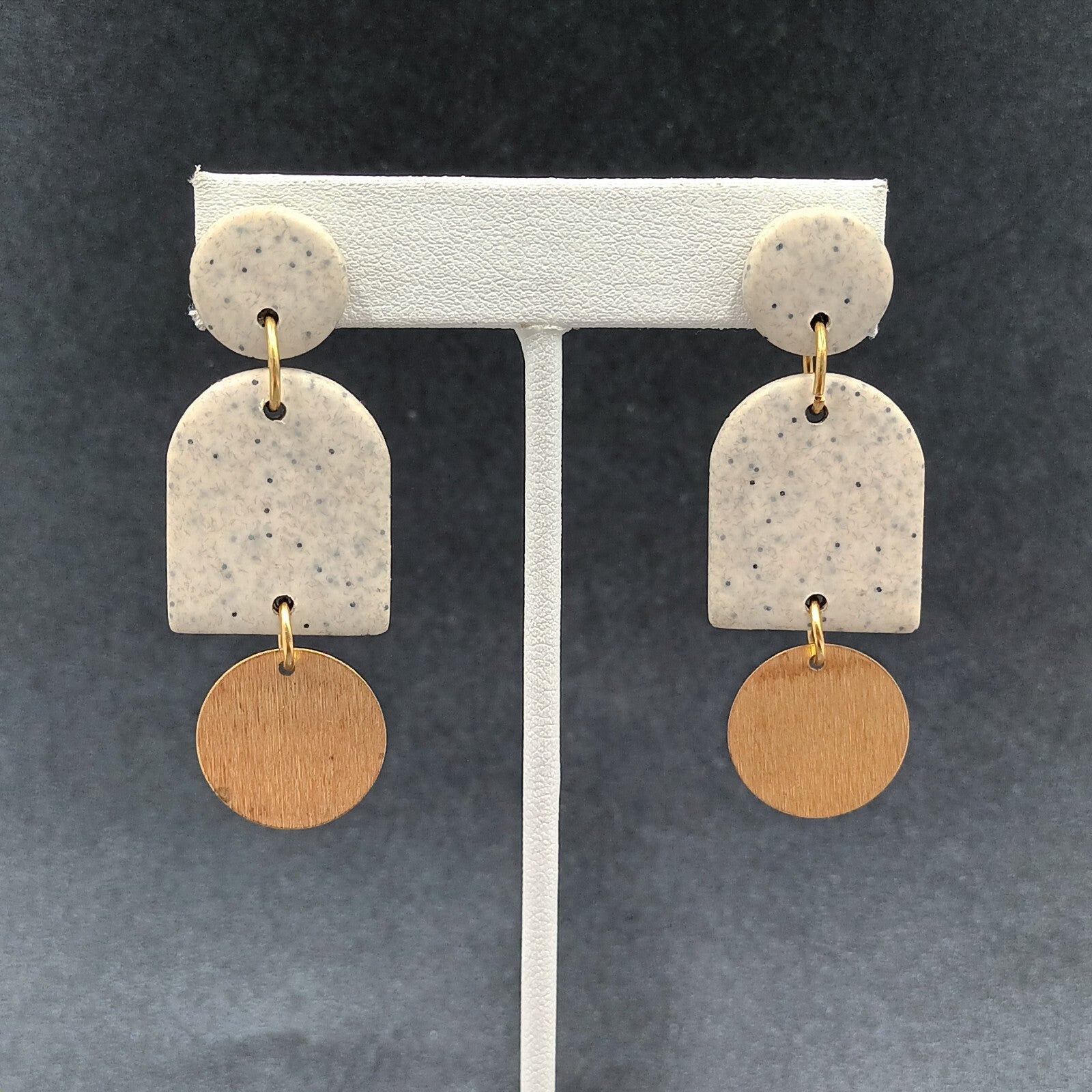 Pierced Earrings Speckled Acrylic Gold tone Geometric Statement Dangle 2 3/8"