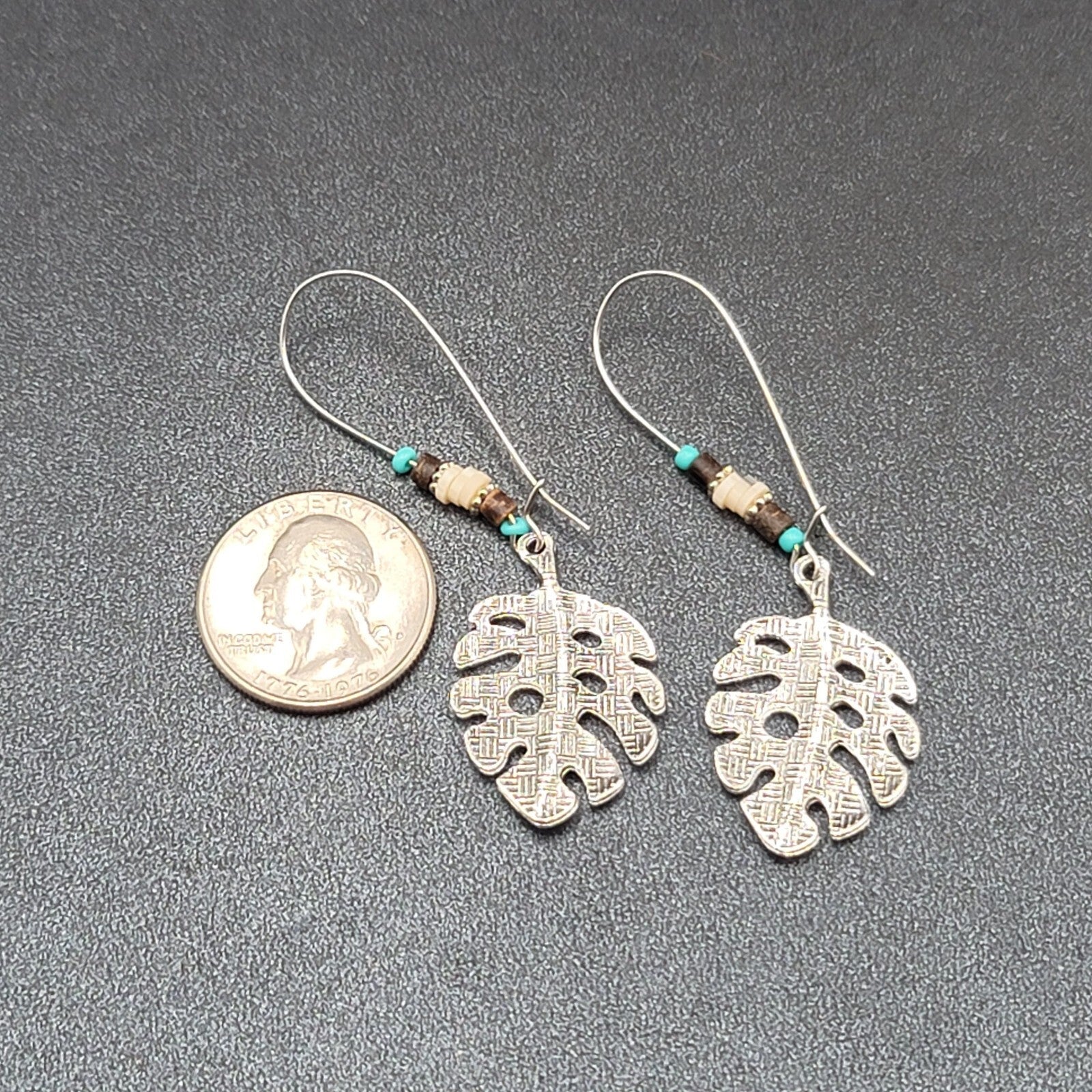 Pierced Earrings Silver tone Leaf Beaded Dangle 2.25"