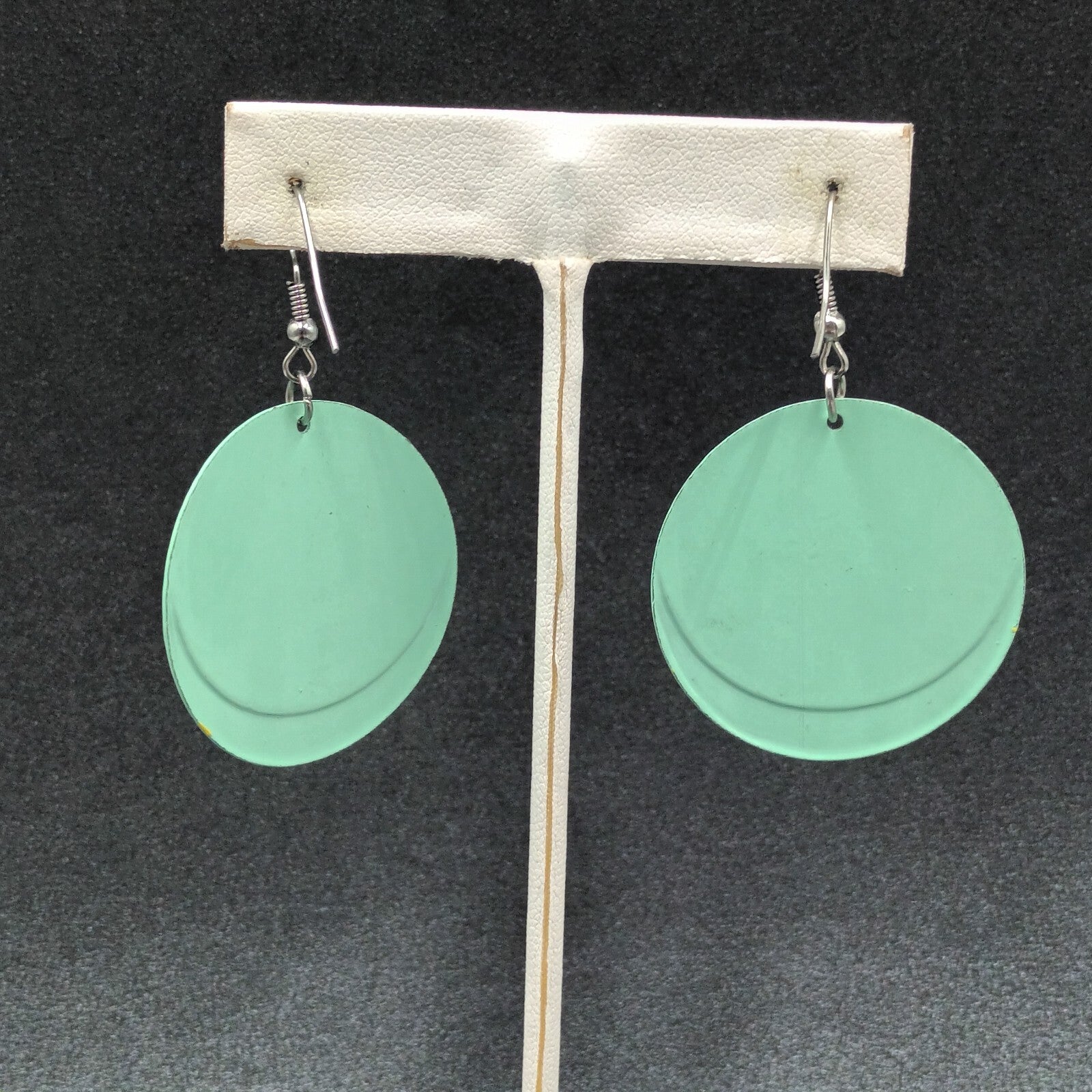 Pierced Earrings Seafoam Sparkle Zebra Print Enamel Round Dangle 1 1/2"