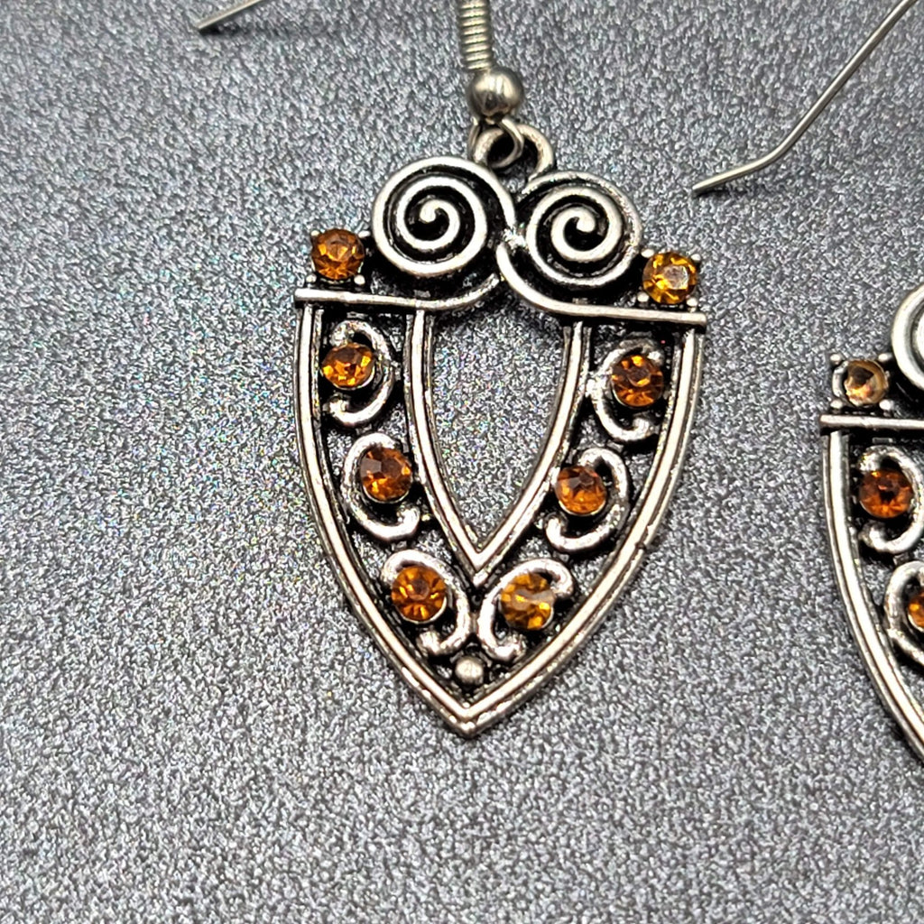 Pierced Earrings Silver tone Orange Rhinestone Dangle 1 3/8"