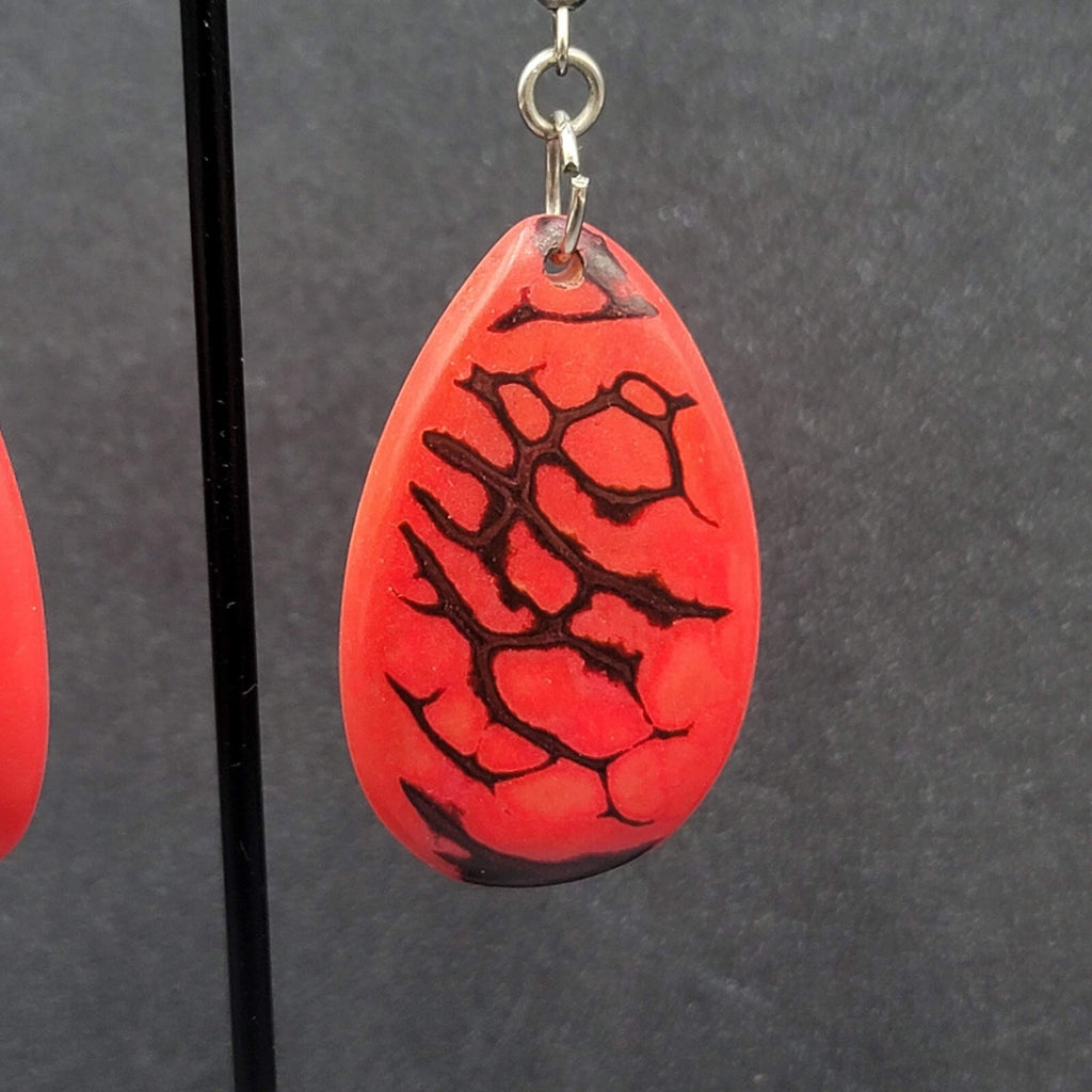 Pierced Earrings Red Dyed Tagua Nut Dangle Silver tone 1.75"