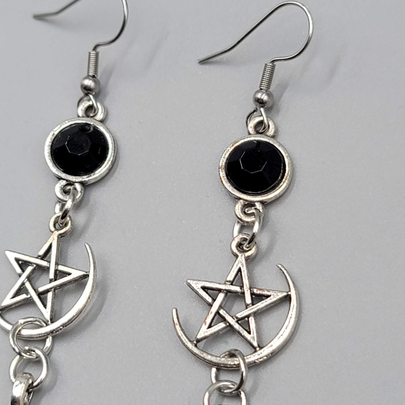 Pentagram Moon Pierced Earrings Black Accent Silver tone Long Dangle 2.5"