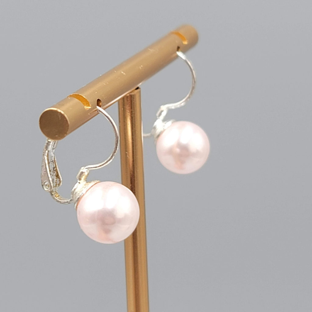 Pink Faux Pearl Pierced Earrings Silver tone Drop Leverback  3/8 in