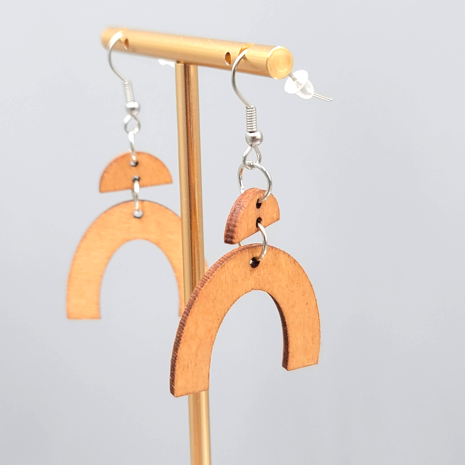 Wood Cut Large Boho Pierced Earrings Silver tone Dangle 1.5 in